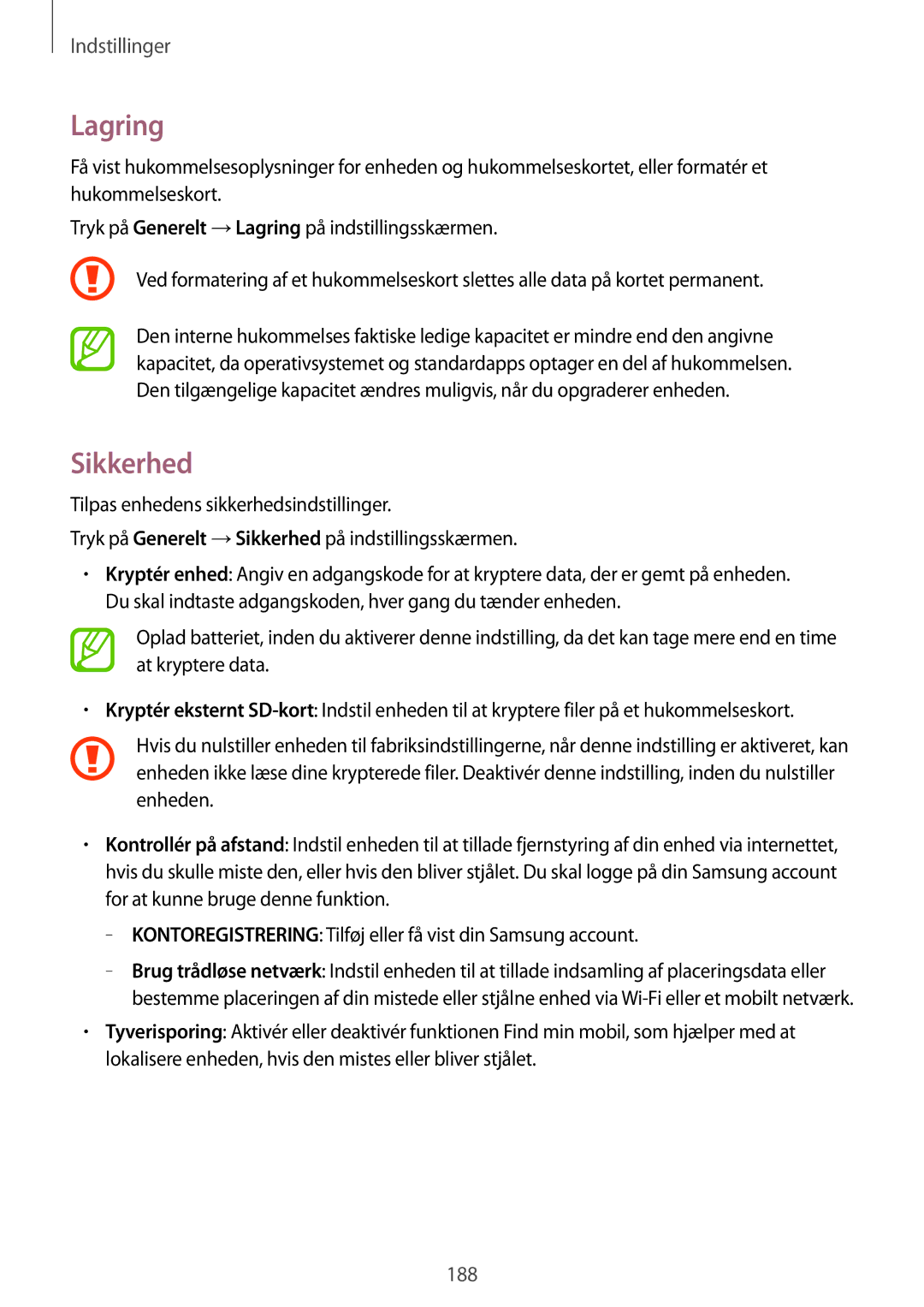 Samsung SM-T705NTSANEE, SM-T705NLSANEE, SM-T705NHAANEE, SM-T705NZWANEE manual Lagring, Sikkerhed 