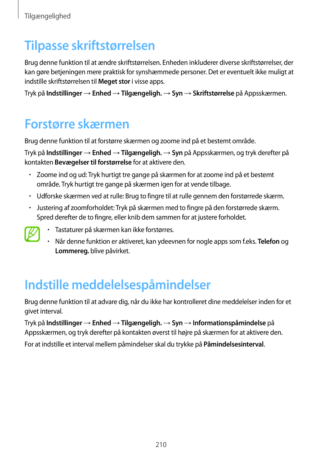 Samsung SM-T705NHAANEE, SM-T705NTSANEE manual Tilpasse skriftstørrelsen, Forstørre skærmen, Indstille meddelelsespåmindelser 