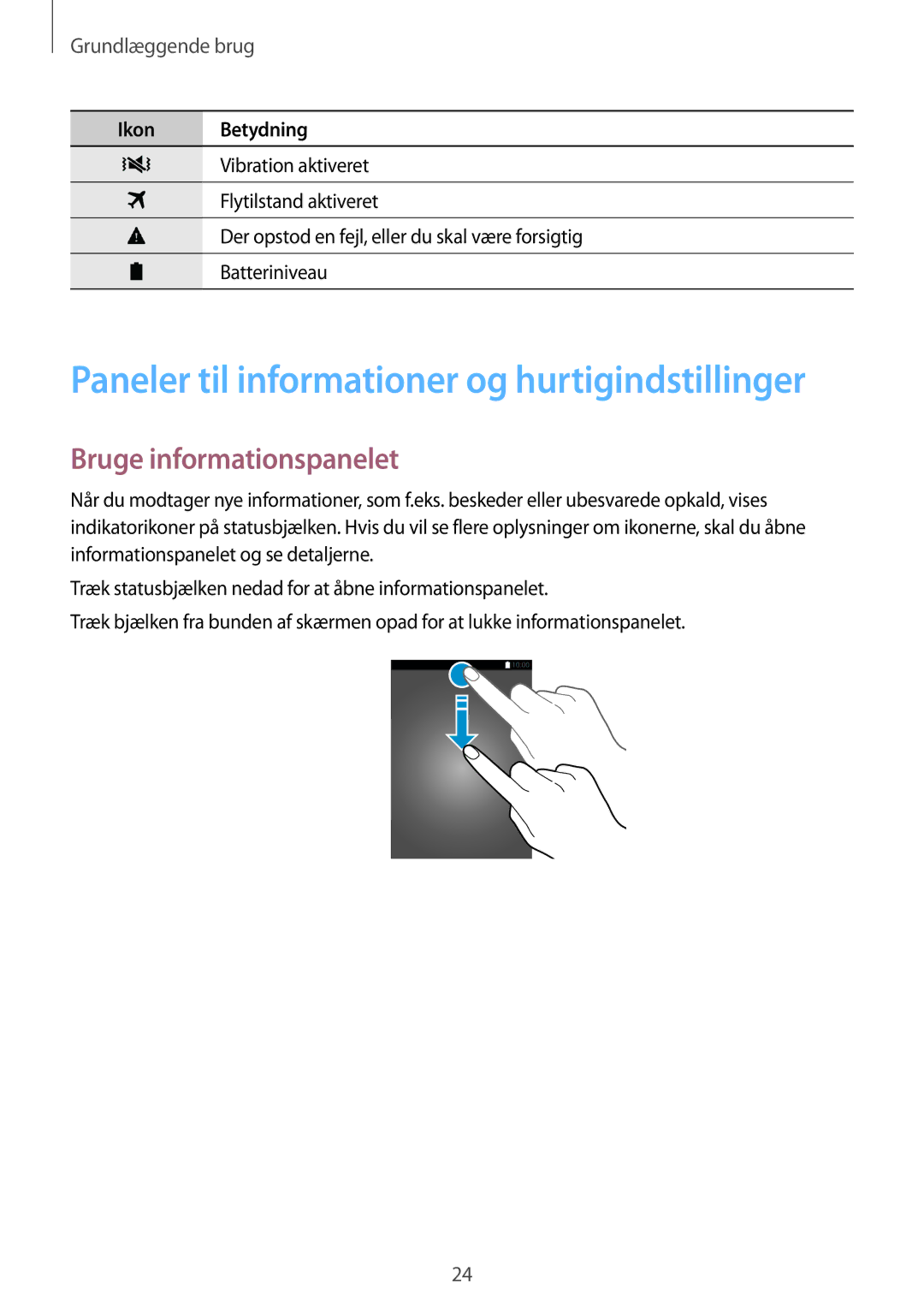 Samsung SM-T705NTSANEE, SM-T705NLSANEE manual Paneler til informationer og hurtigindstillinger, Bruge informationspanelet 