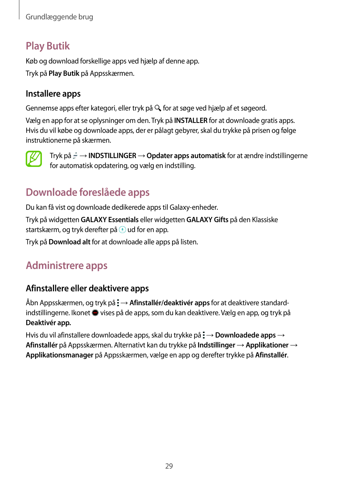 Samsung SM-T705NLSANEE manual Play Butik, Downloade foreslåede apps, Administrere apps, Afinstallere eller deaktivere apps 