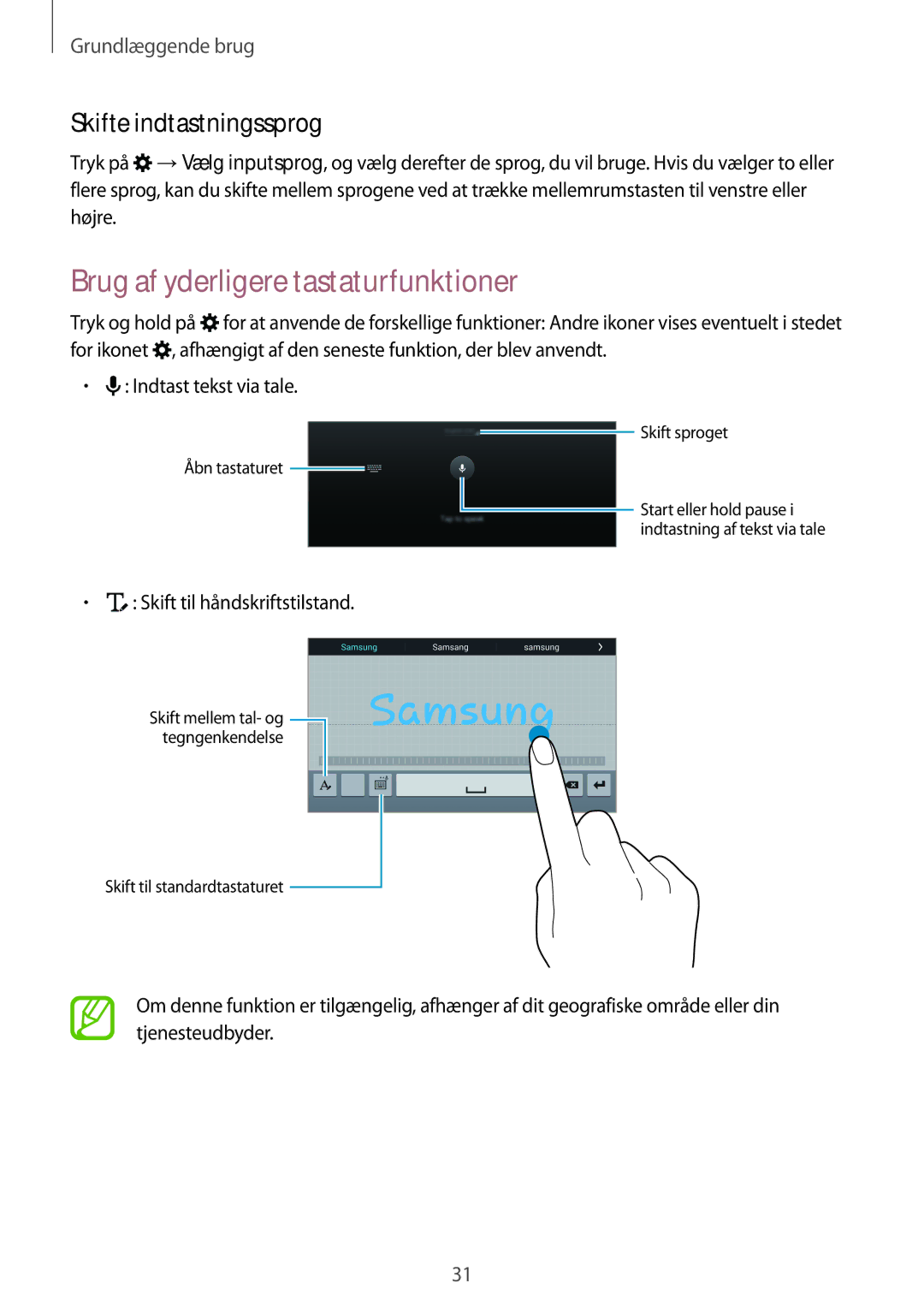 Samsung SM-T705NZWANEE Brug af yderligere tastaturfunktioner, Skifte indtastningssprog, Skift til håndskriftstilstand 