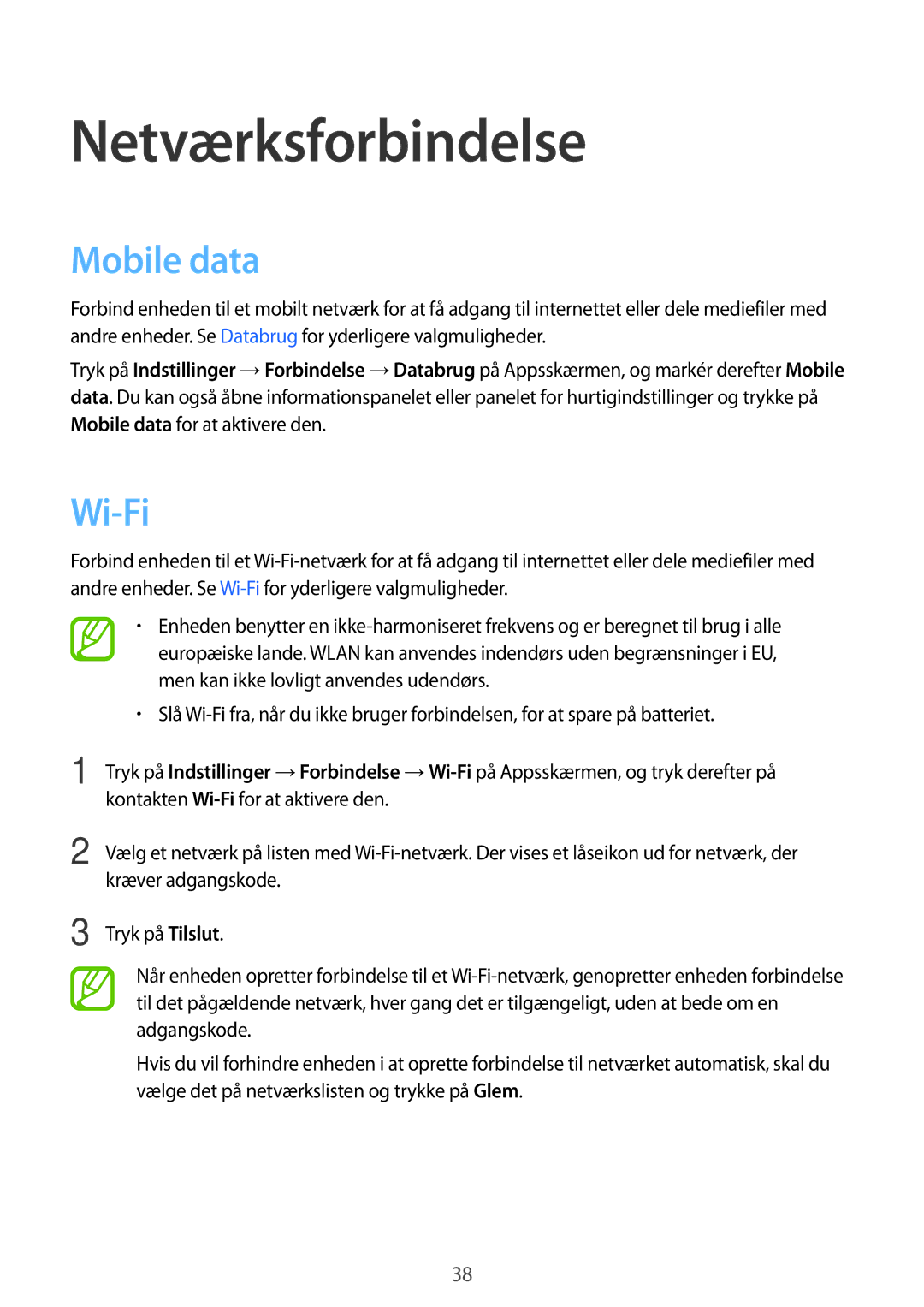 Samsung SM-T705NHAANEE, SM-T705NTSANEE, SM-T705NLSANEE, SM-T705NZWANEE manual Netværksforbindelse, Mobile data, Wi-Fi 