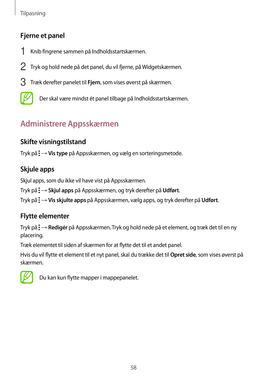 Samsung SM-T705NHAANEE Administrere Appsskærmen, Fjerne et panel, Skifte visningstilstand, Skjule apps, Flytte elementer 