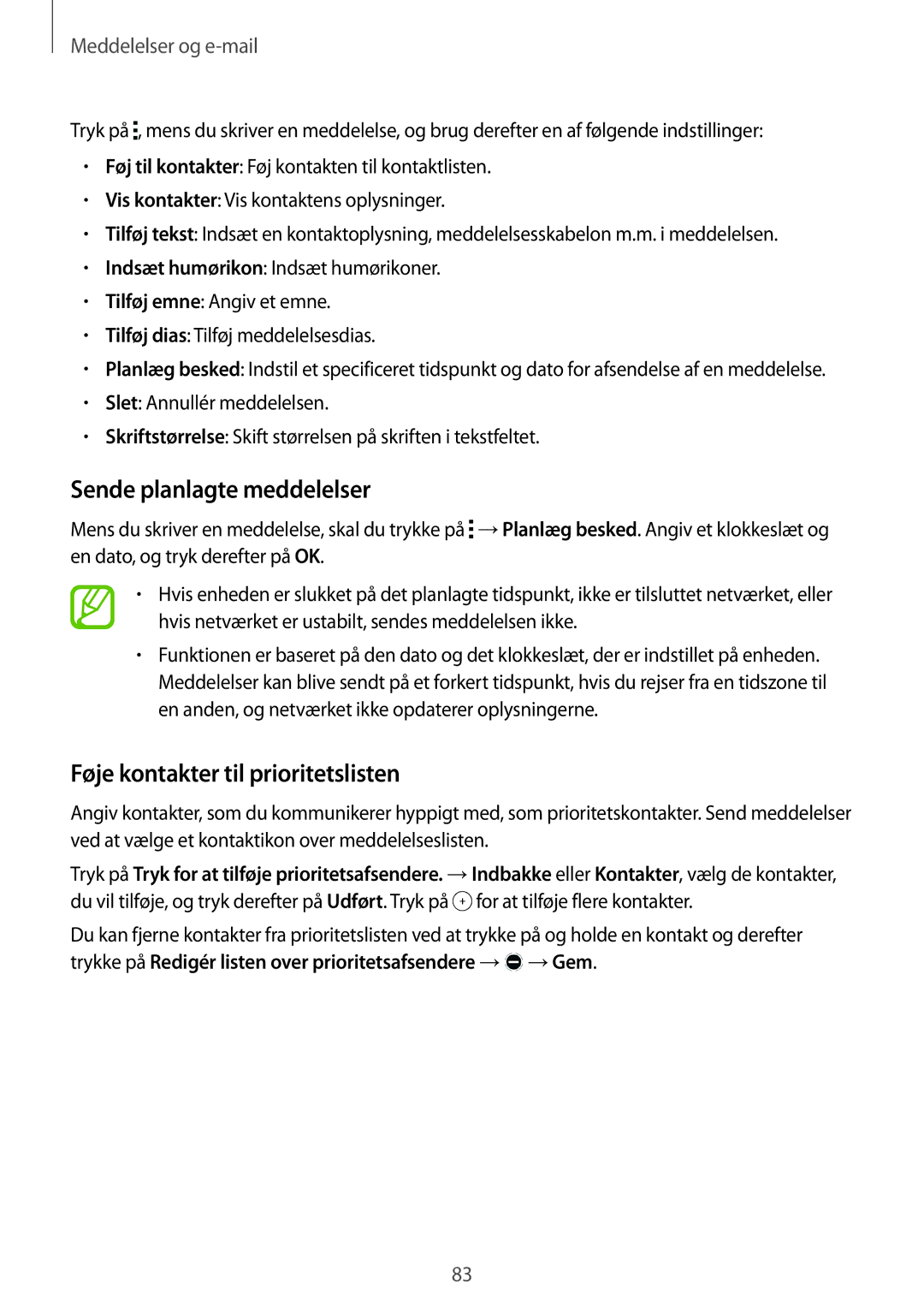 Samsung SM-T705NZWANEE, SM-T705NTSANEE, SM-T705NLSANEE Sende planlagte meddelelser, Føje kontakter til prioritetslisten 