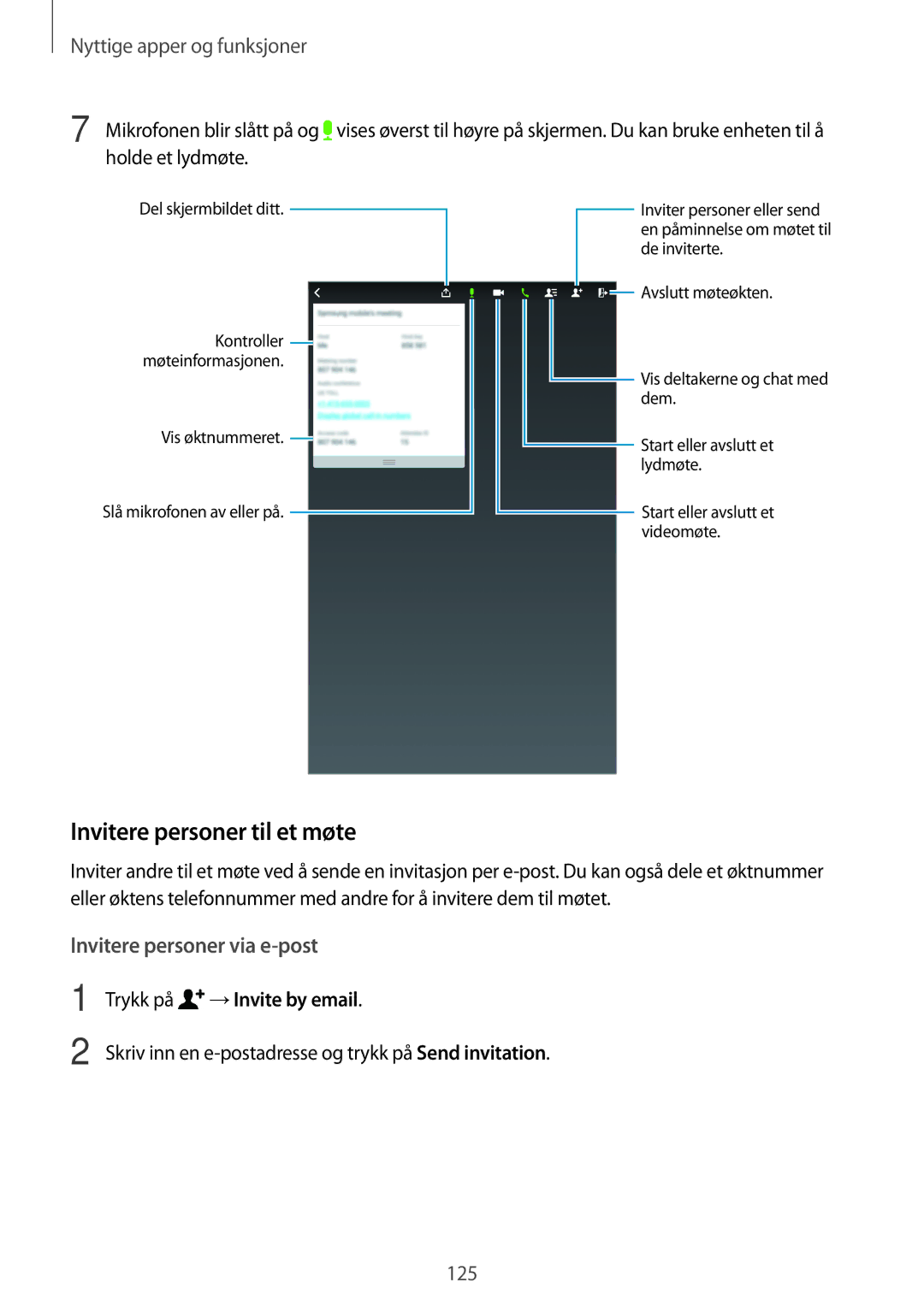 Samsung SM-T705NLSANEE, SM-T705NTSANEE, SM-T705NHAANEE, SM-T705NZWANEE manual Invitere personer til et møte, →Invite by email 