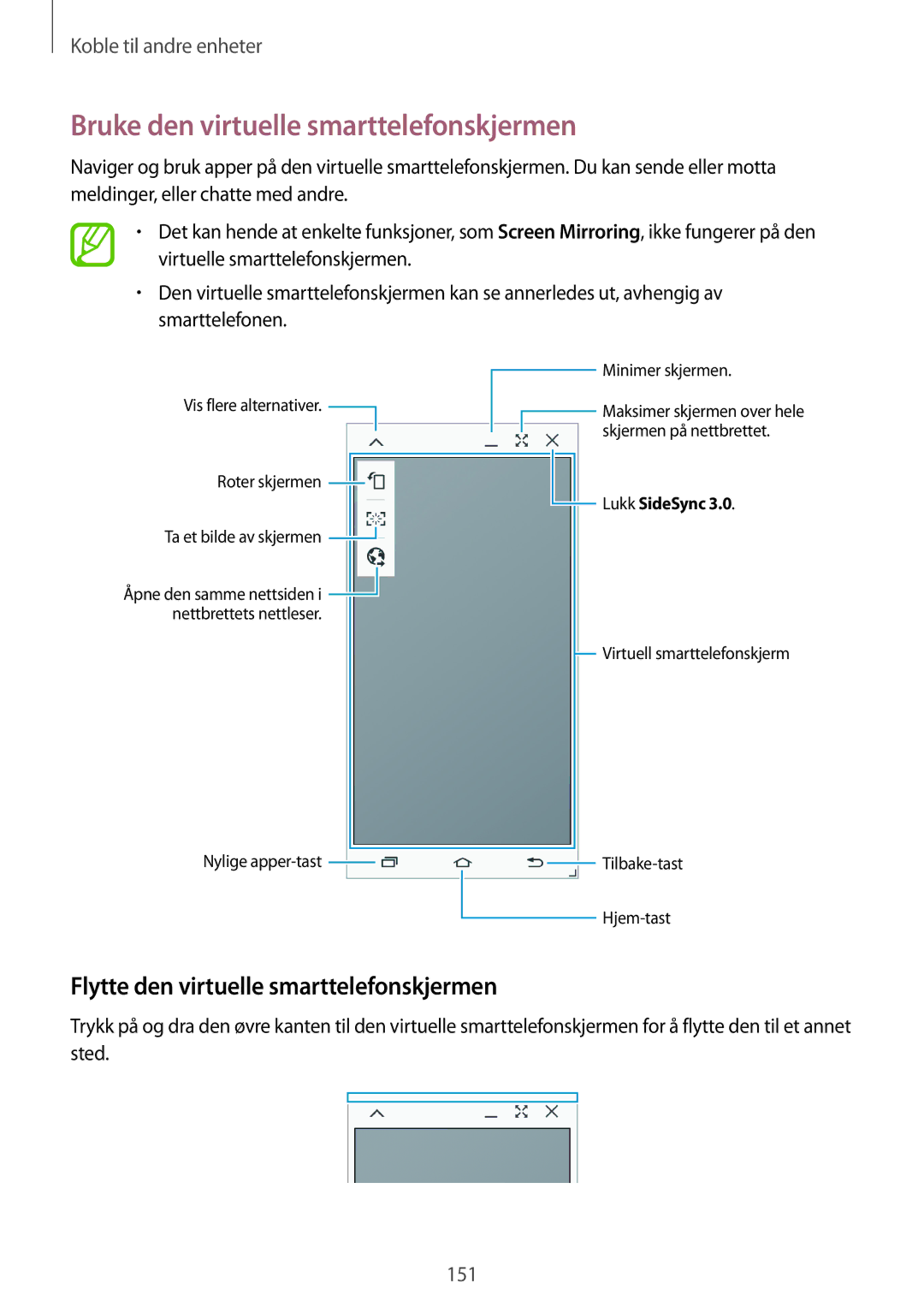 Samsung SM-T705NZWANEE, SM-T705NTSANEE Bruke den virtuelle smarttelefonskjermen, Flytte den virtuelle smarttelefonskjermen 