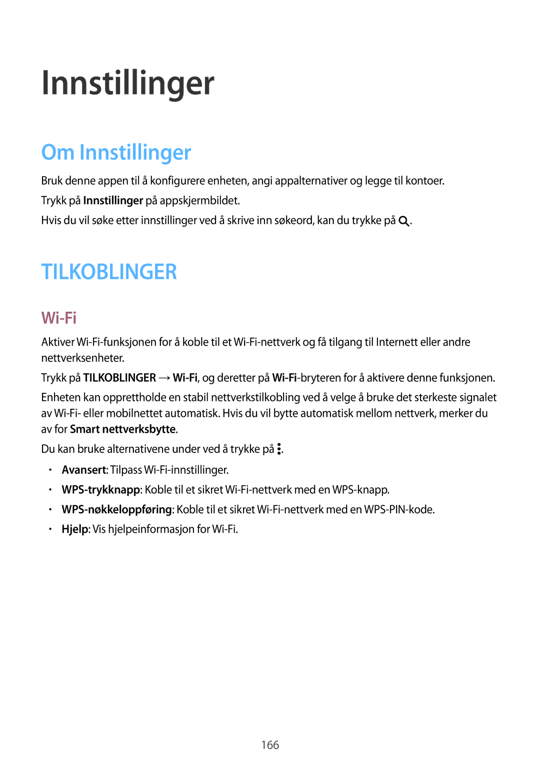 Samsung SM-T705NHAANEE, SM-T705NTSANEE, SM-T705NLSANEE, SM-T705NZWANEE manual Om Innstillinger, Wi-Fi 