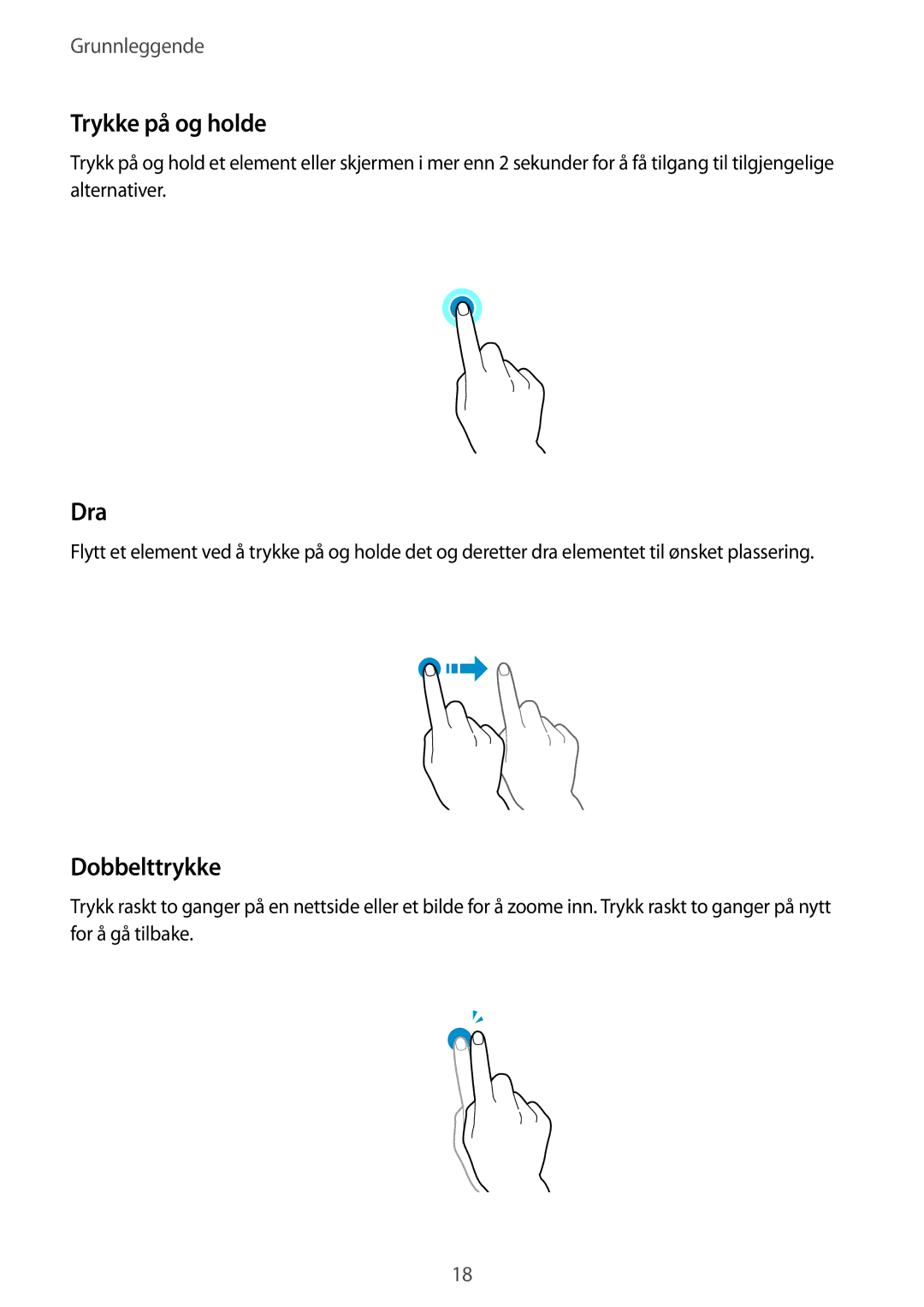 Samsung SM-T705NHAANEE, SM-T705NTSANEE, SM-T705NLSANEE, SM-T705NZWANEE manual Trykke på og holde, Dra, Dobbelttrykke 