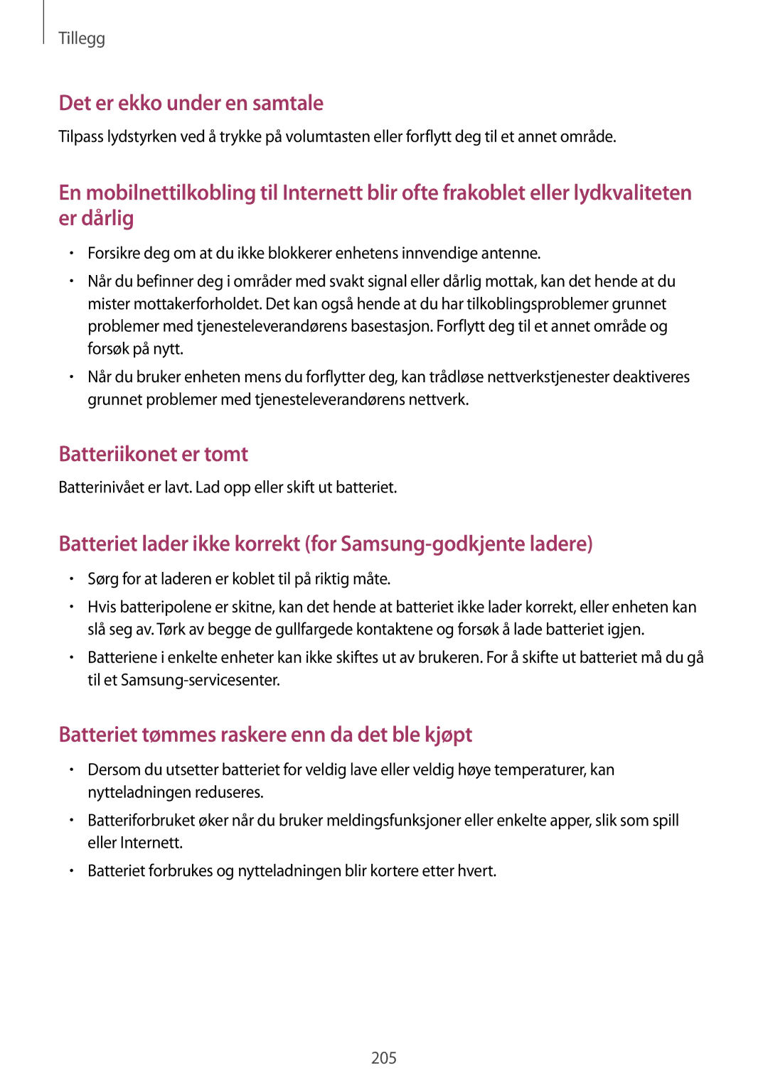 Samsung SM-T705NLSANEE, SM-T705NTSANEE, SM-T705NHAANEE manual Batterinivået er lavt. Lad opp eller skift ut batteriet 