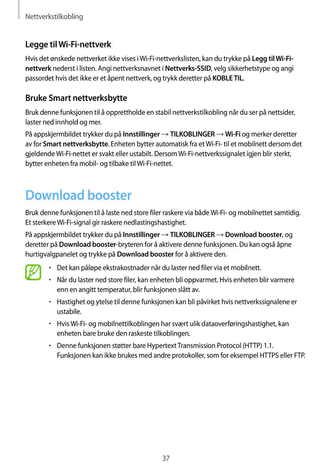 Samsung SM-T705NLSANEE, SM-T705NTSANEE manual Download booster, Legge til Wi-Fi-nettverk, Bruke Smart nettverksbytte 