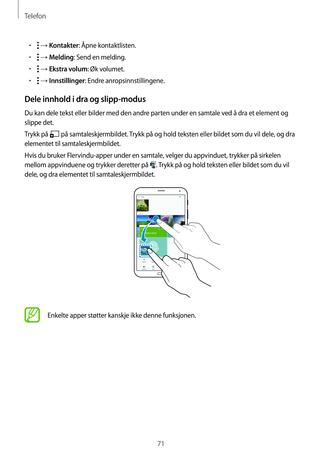 Samsung SM-T705NZWANEE, SM-T705NTSANEE, SM-T705NLSANEE, SM-T705NHAANEE manual Dele innhold i dra og slipp-modus 