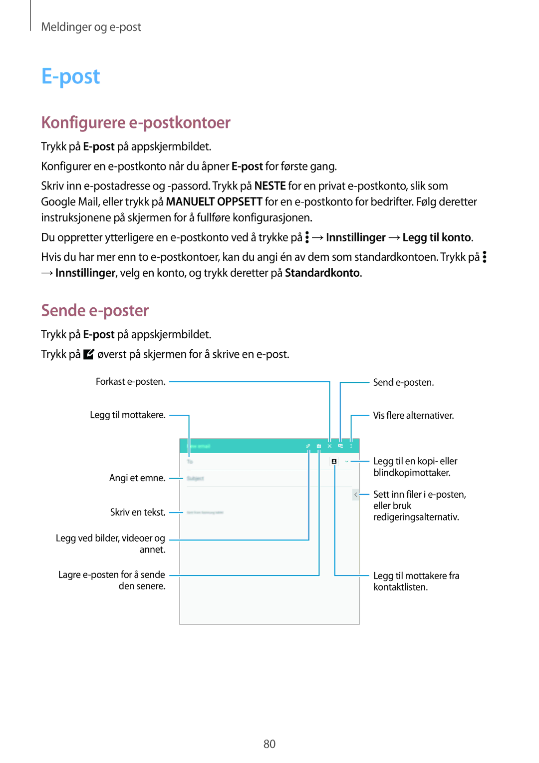 Samsung SM-T705NTSANEE, SM-T705NLSANEE, SM-T705NHAANEE, SM-T705NZWANEE manual Post, Konfigurere e-postkontoer, Sende e-poster 