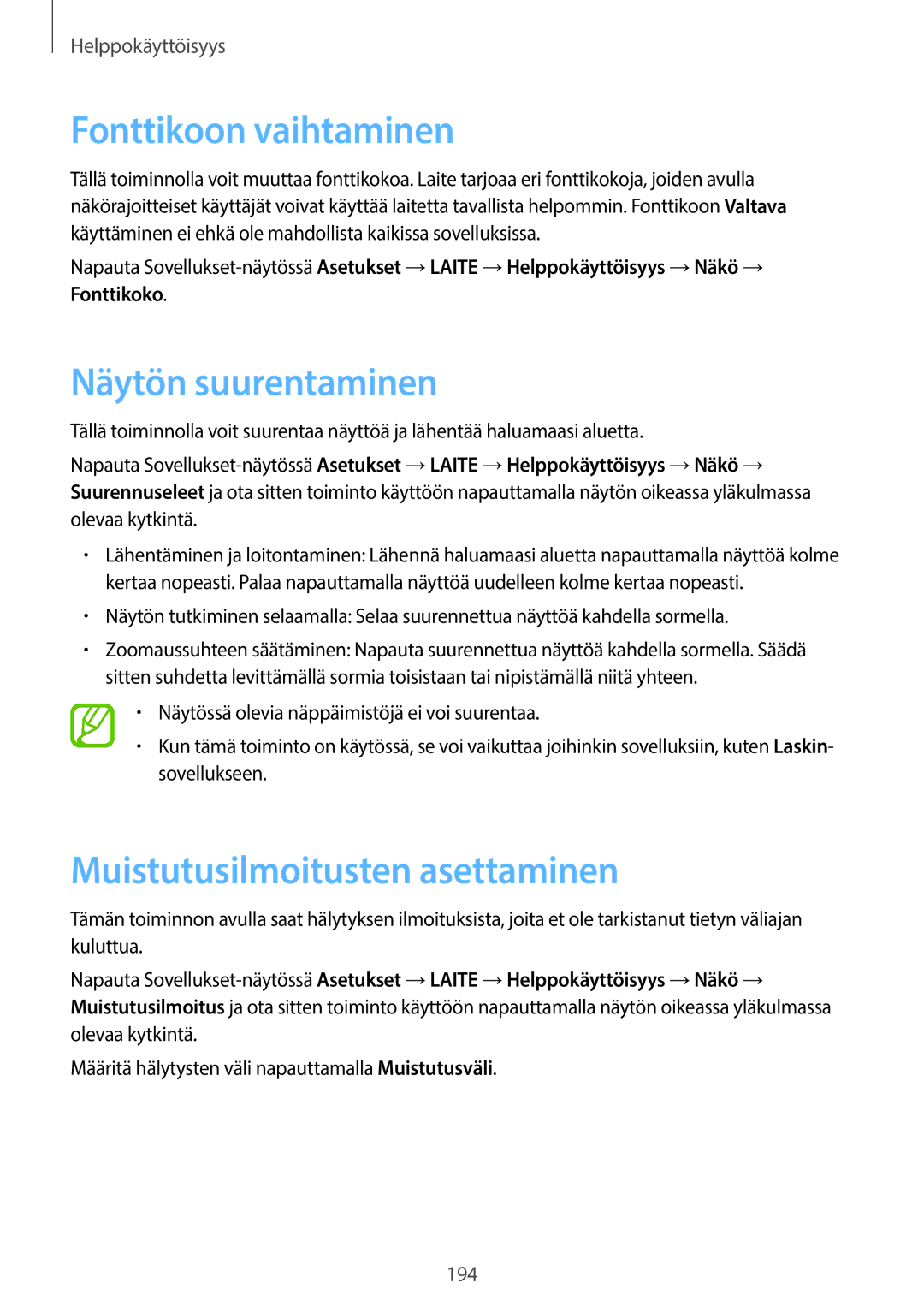 Samsung SM-T705NHAANEE, SM-T705NTSANEE manual Fonttikoon vaihtaminen, Näytön suurentaminen, Muistutusilmoitusten asettaminen 