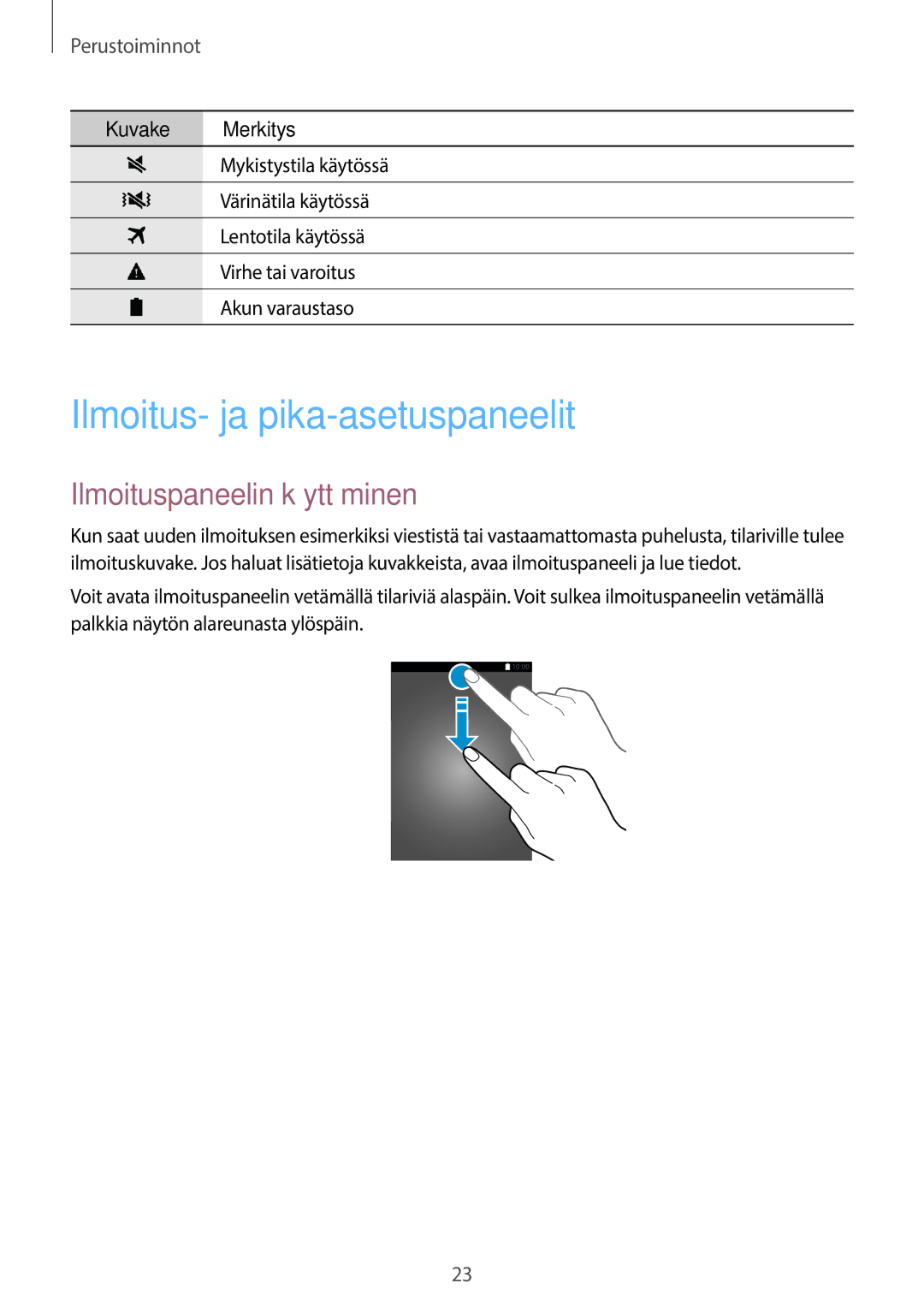 Samsung SM-T705NZWANEE, SM-T705NTSANEE, SM-T705NLSANEE manual Ilmoitus- ja pika-asetuspaneelit, Ilmoituspaneelin käyttäminen 