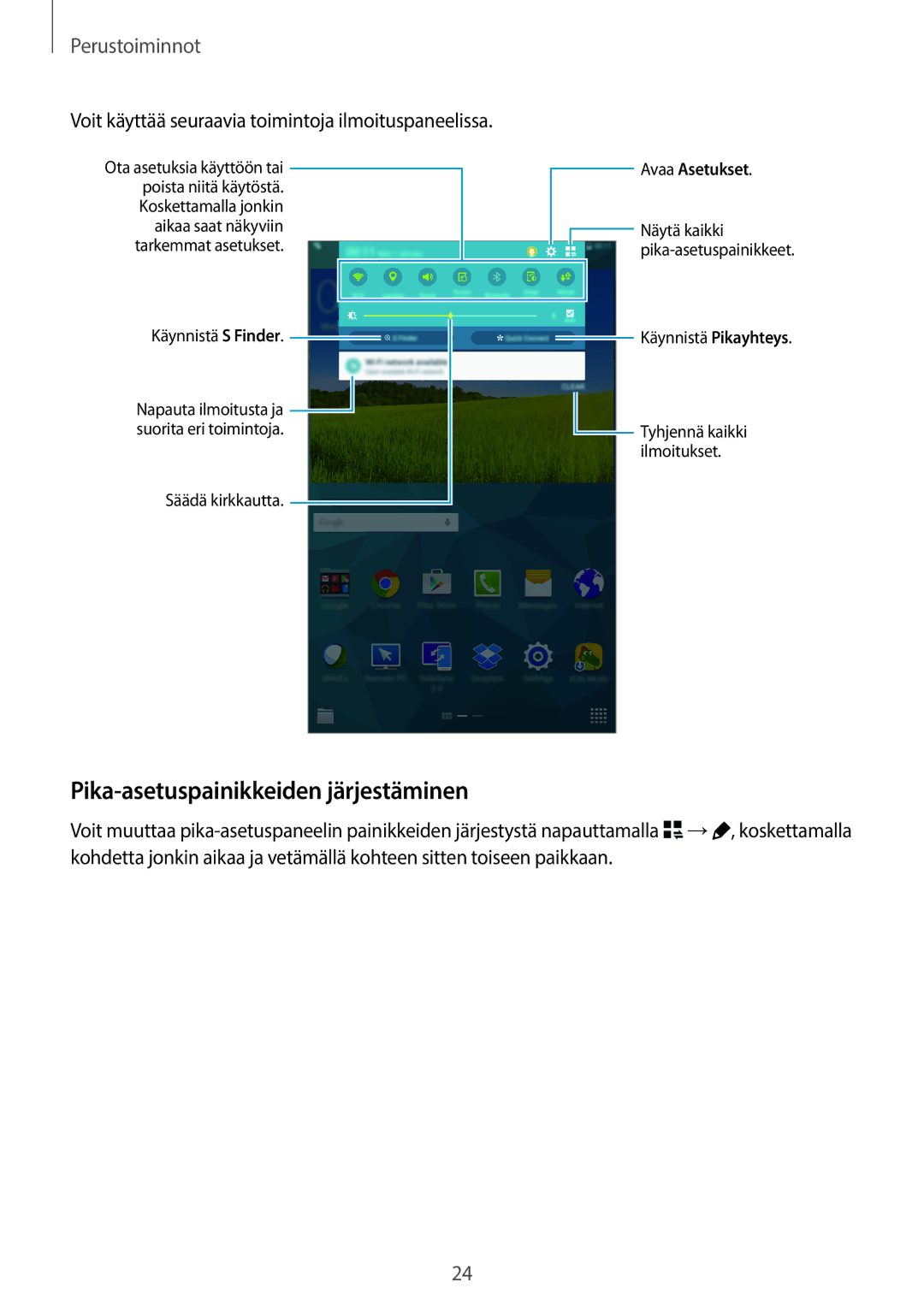 Samsung SM-T705NTSANEE manual Pika-asetuspainikkeiden järjestäminen, Voit käyttää seuraavia toimintoja ilmoituspaneelissa 