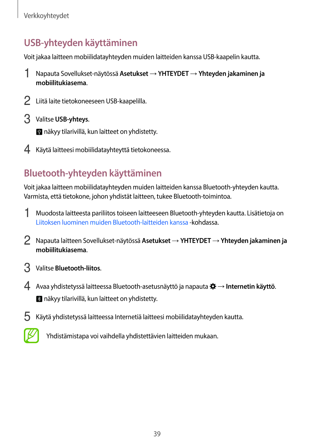 Samsung SM-T705NZWANEE, SM-T705NTSANEE manual USB-yhteyden käyttäminen, Bluetooth-yhteyden käyttäminen, Valitse USB-yhteys 