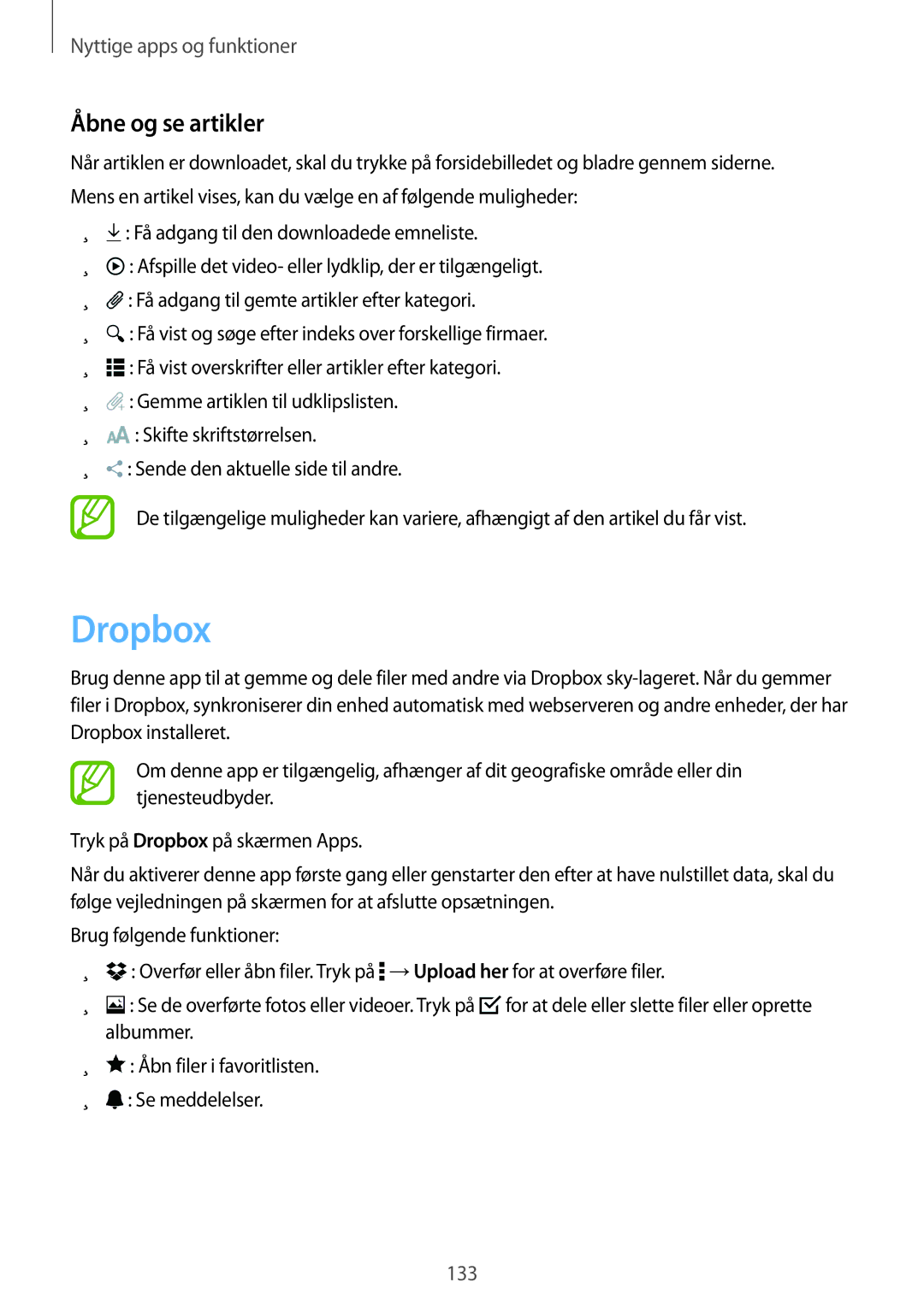 Samsung SM-T705NLSANEE, SM-T705NTSANEE, SM-T705NHAANEE, SM-T705NZWANEE manual Dropbox, Åbne og se artikler 