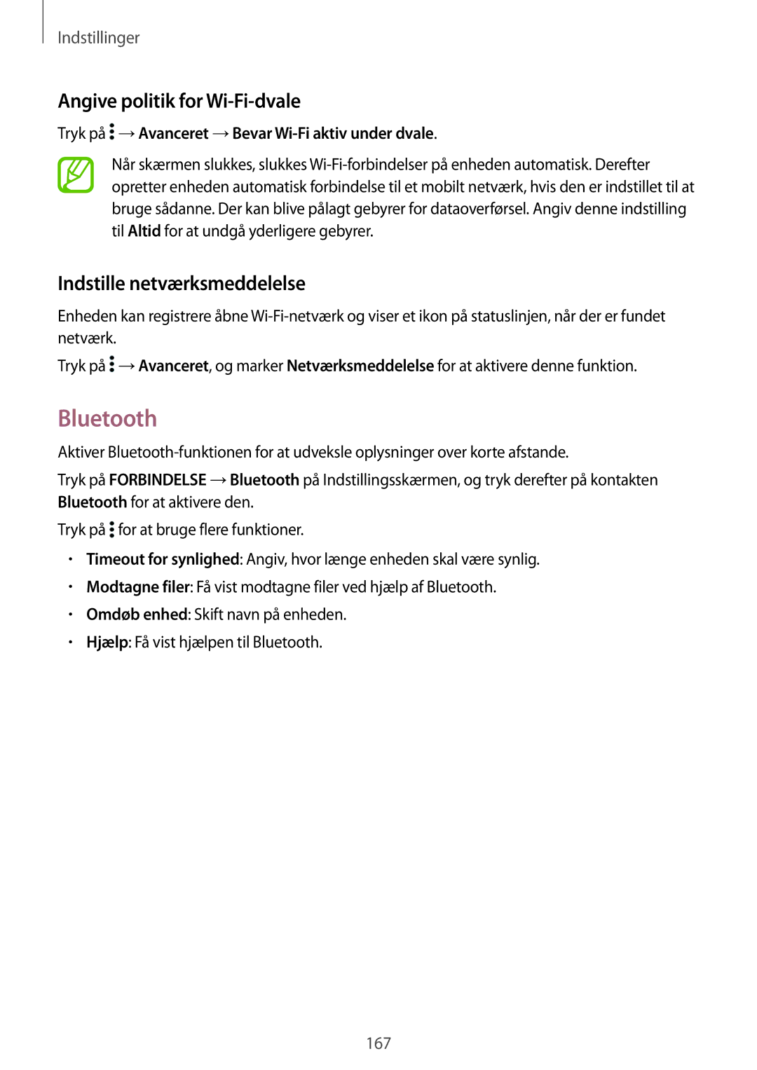 Samsung SM-T705NZWANEE, SM-T705NTSANEE manual Bluetooth, Angive politik for Wi-Fi-dvale, Indstille netværksmeddelelse 