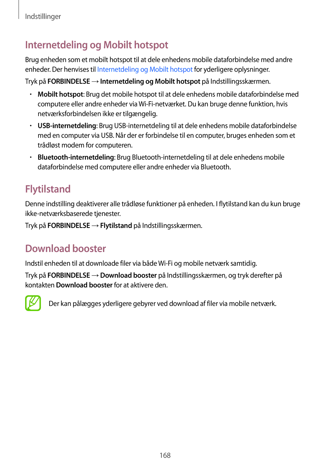 Samsung SM-T705NTSANEE, SM-T705NLSANEE, SM-T705NHAANEE manual Internetdeling og Mobilt hotspot, Flytilstand, Download booster 