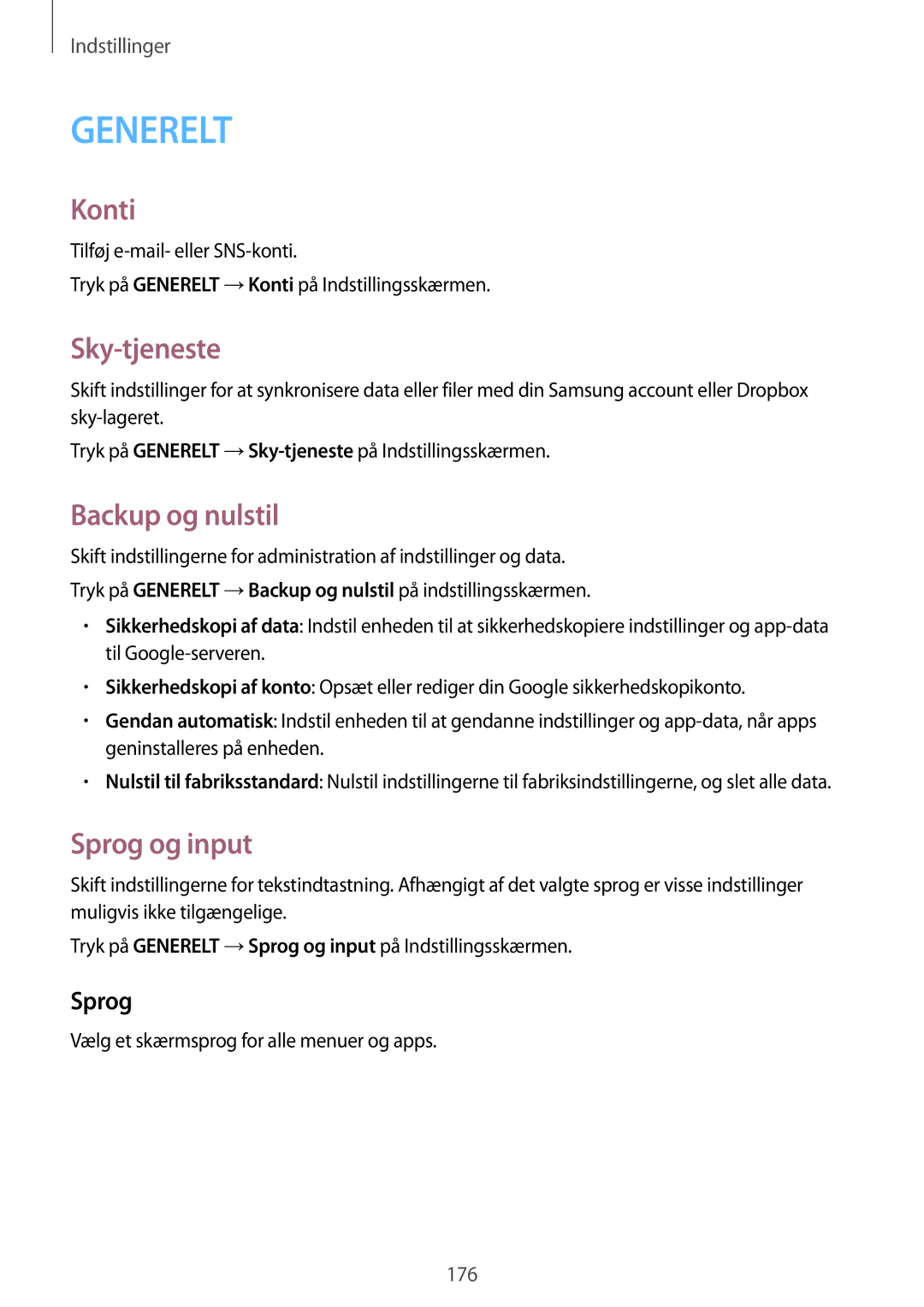 Samsung SM-T705NTSANEE, SM-T705NLSANEE, SM-T705NHAANEE manual Konti, Sky-tjeneste, Backup og nulstil, Sprog og input 