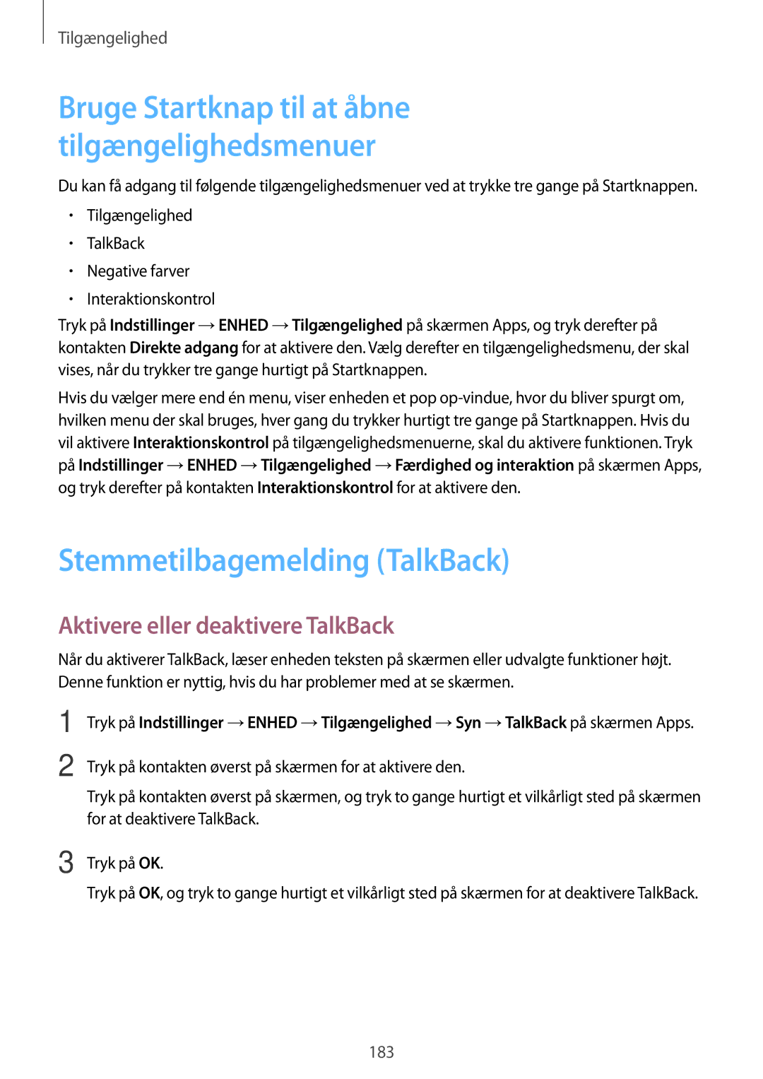 Samsung SM-T705NZWANEE, SM-T705NTSANEE, SM-T705NLSANEE Stemmetilbagemelding TalkBack, Aktivere eller deaktivere TalkBack 