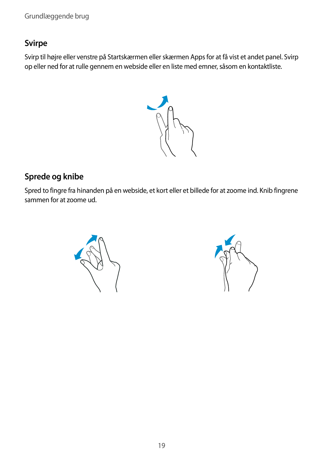 Samsung SM-T705NZWANEE, SM-T705NTSANEE, SM-T705NLSANEE, SM-T705NHAANEE manual Svirpe, Sprede og knibe 