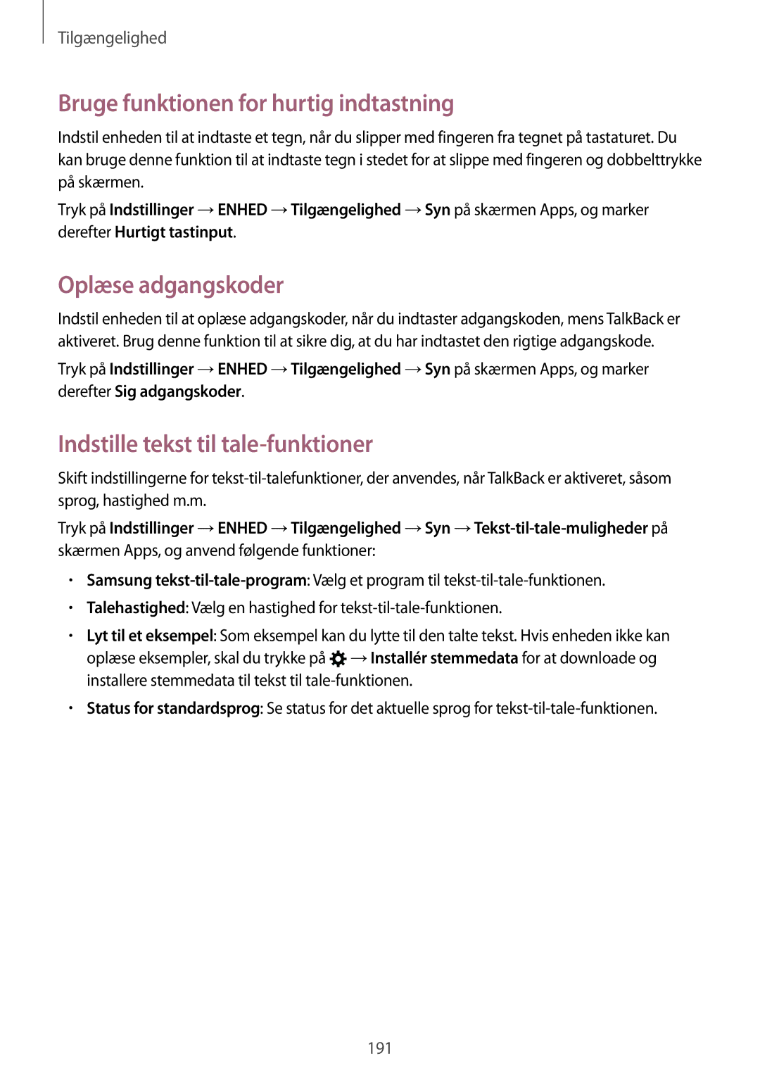 Samsung SM-T705NZWANEE Bruge funktionen for hurtig indtastning, Oplæse adgangskoder, Indstille tekst til tale-funktioner 