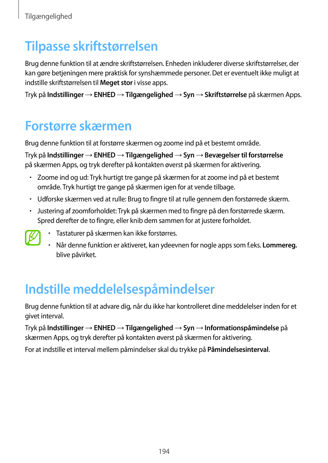 Samsung SM-T705NHAANEE, SM-T705NTSANEE manual Tilpasse skriftstørrelsen, Forstørre skærmen, Indstille meddelelsespåmindelser 