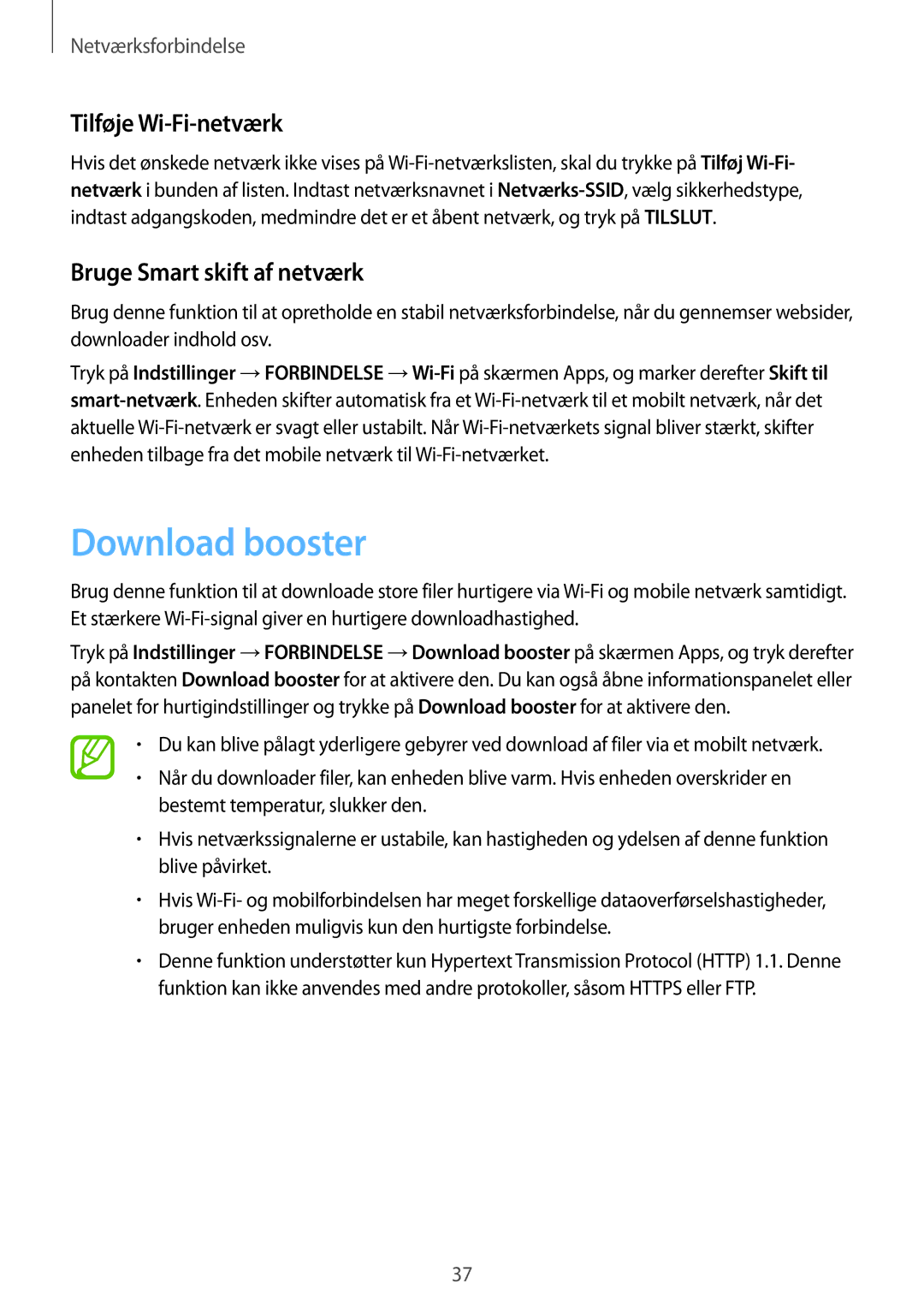 Samsung SM-T705NLSANEE, SM-T705NTSANEE manual Download booster, Tilføje Wi-Fi-netværk, Bruge Smart skift af netværk 