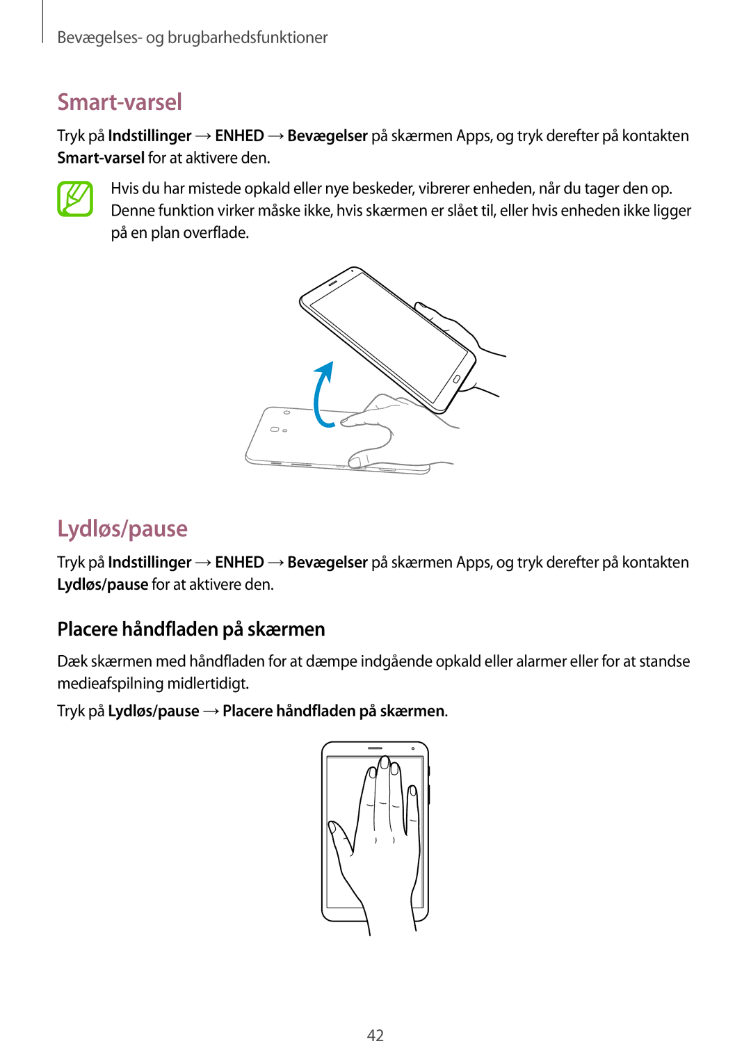 Samsung SM-T705NHAANEE, SM-T705NTSANEE, SM-T705NLSANEE manual Smart-varsel, Lydløs/pause, Placere håndfladen på skærmen 