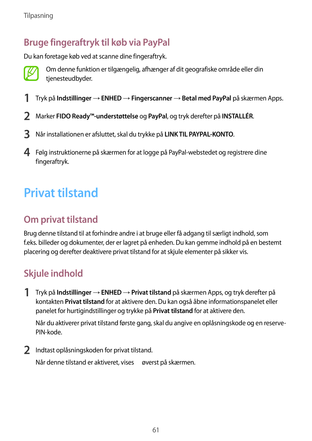 Samsung SM-T705NLSANEE manual Privat tilstand, Bruge fingeraftryk til køb via PayPal, Om privat tilstand, Skjule indhold 