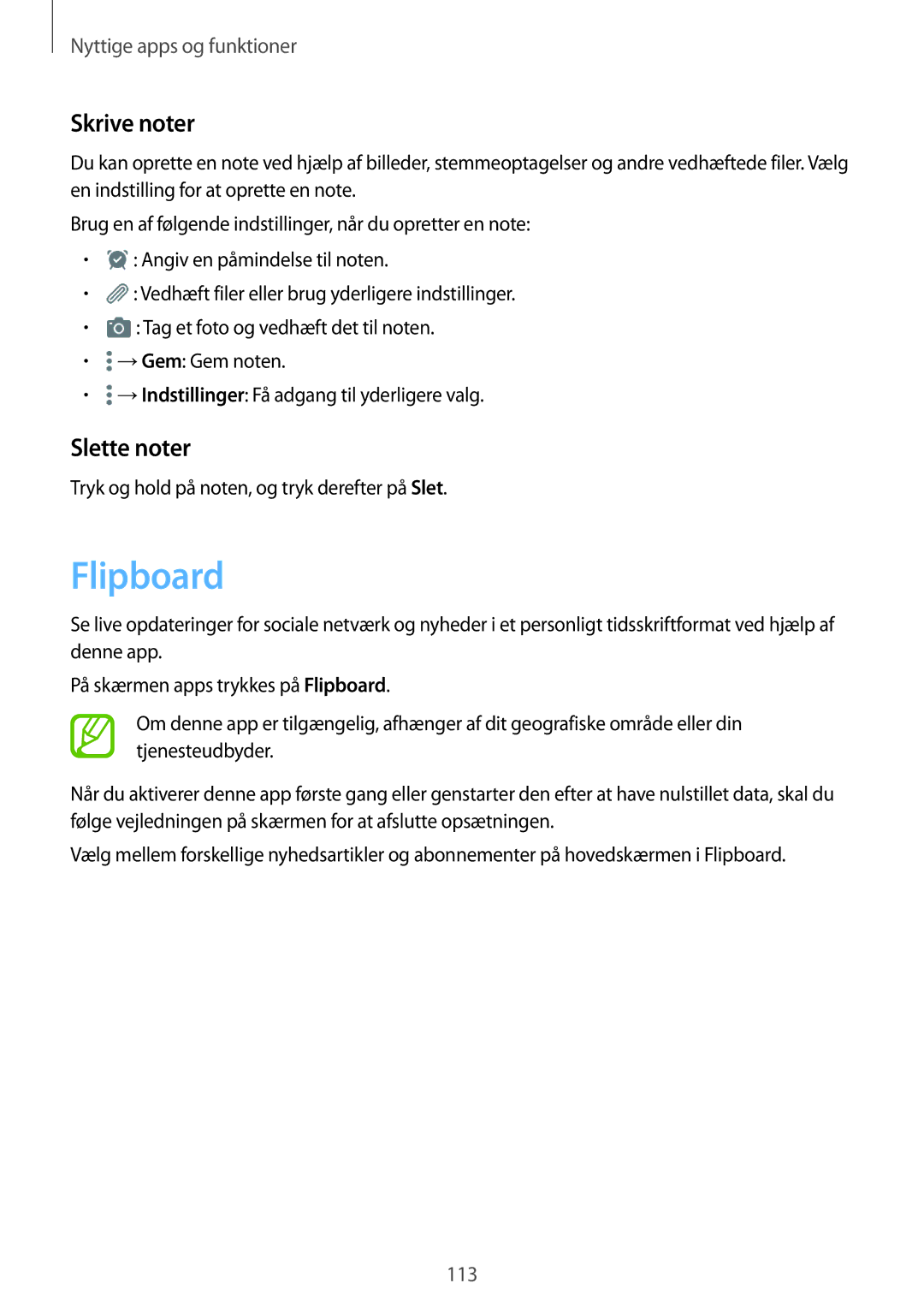 Samsung SM-T805NLSANEE manual Flipboard, Skrive noter, Slette noter, Tryk og hold på noten, og tryk derefter på Slet 