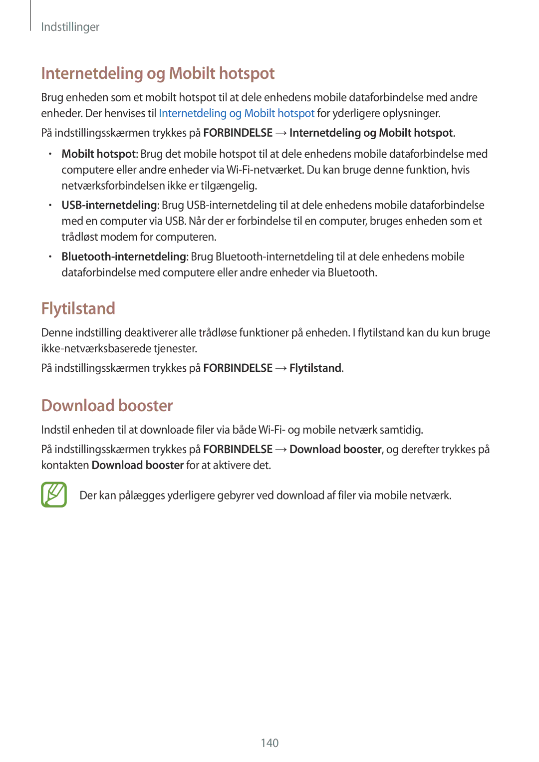 Samsung SM-T805NLSANEE, SM-T705NTSANEE, SM-T805NTSANEE manual Internetdeling og Mobilt hotspot, Flytilstand, Download booster 