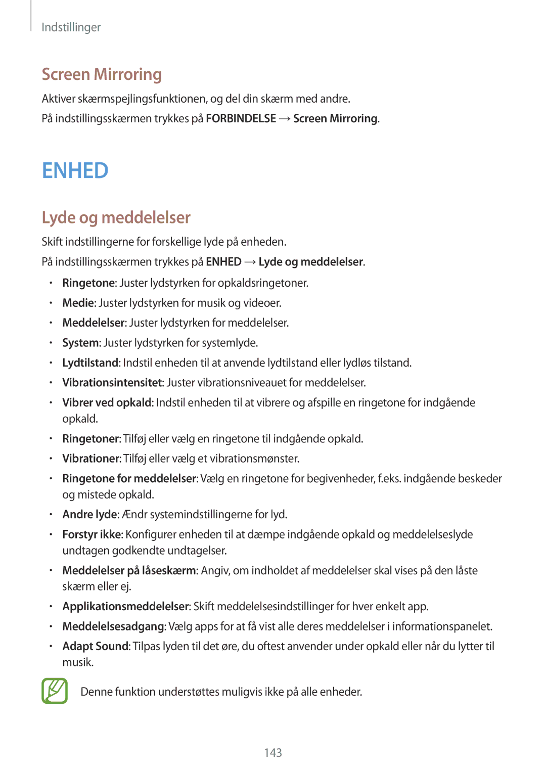 Samsung SM-T805NHAANEE manual Screen Mirroring, Lyde og meddelelser, Skift indstillingerne for forskellige lyde på enheden 