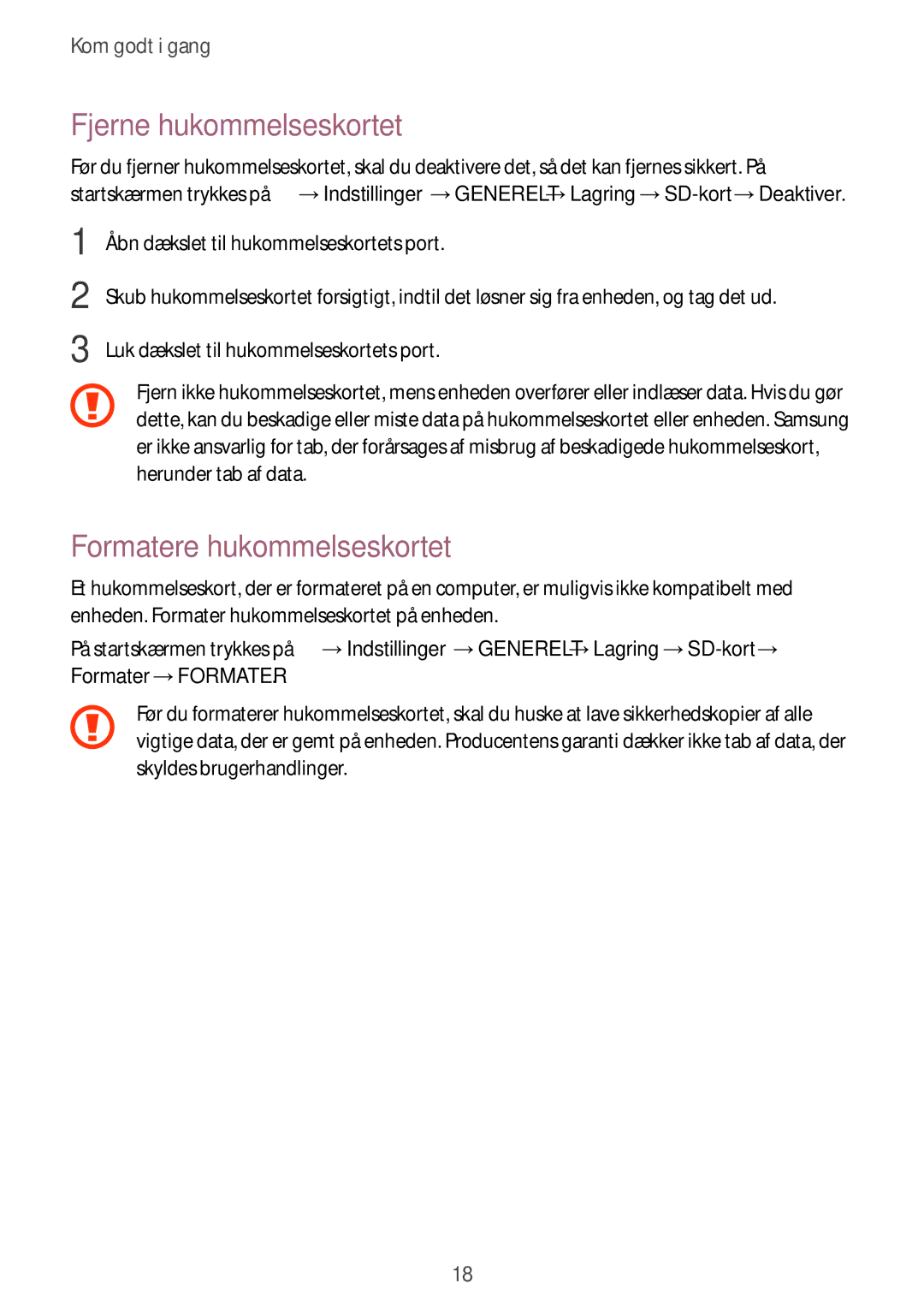 Samsung SM-T705NTSANEE, SM-T805NTSANEE, SM-T705NLSANEE, SM-T705NHAANEE Fjerne hukommelseskortet, Formatere hukommelseskortet 