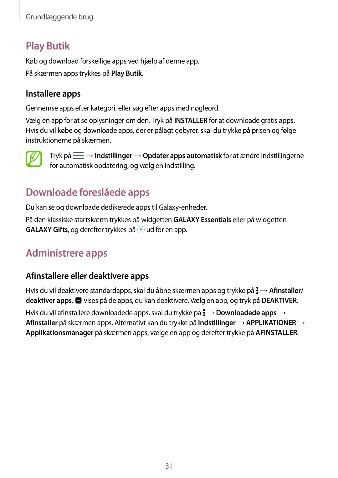 Samsung SM-T805NTSENEE manual Play Butik, Downloade foreslåede apps, Administrere apps, Afinstallere eller deaktivere apps 