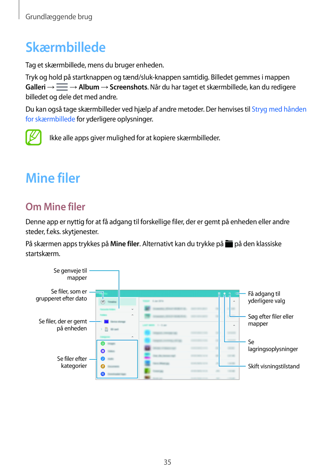 Samsung SM-T805NHAANEE, SM-T705NTSANEE, SM-T805NTSANEE, SM-T705NLSANEE, SM-T705NHAANEE manual Skærmbillede, Om Mine filer 