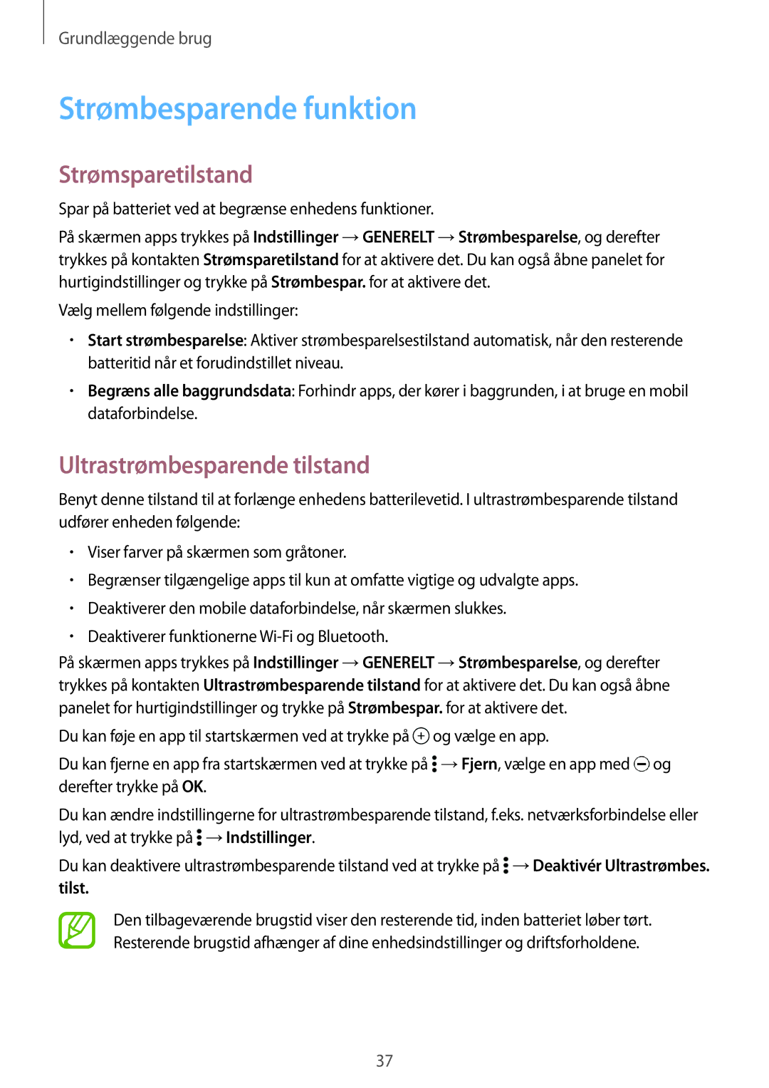 Samsung SM-T805NTSANEE, SM-T705NTSANEE Strømbesparende funktion, Strømsparetilstand, Ultrastrømbesparende tilstand, Tilst 