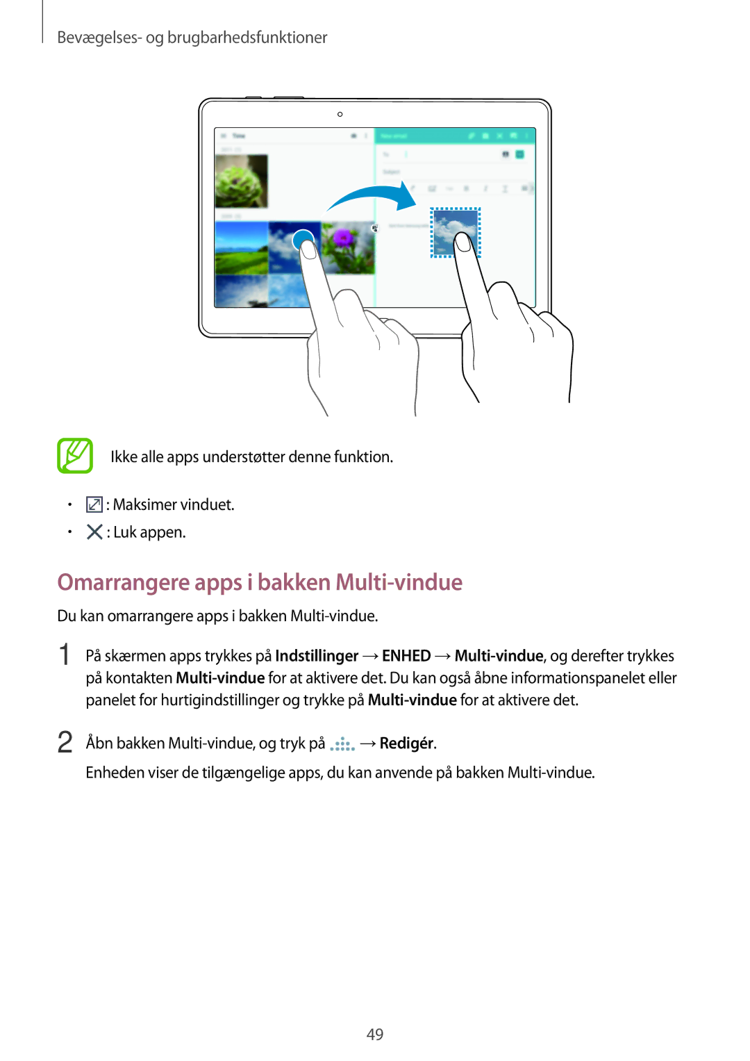 Samsung SM-T805NTSENEE manual Omarrangere apps i bakken Multi-vindue, Du kan omarrangere apps i bakken Multi-vindue 