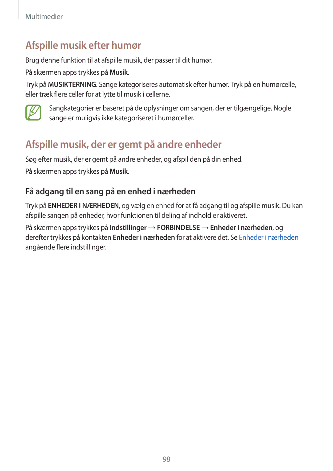 Samsung SM-T805NHAANEE, SM-T705NTSANEE manual Afspille musik efter humør, Afspille musik, der er gemt på andre enheder 