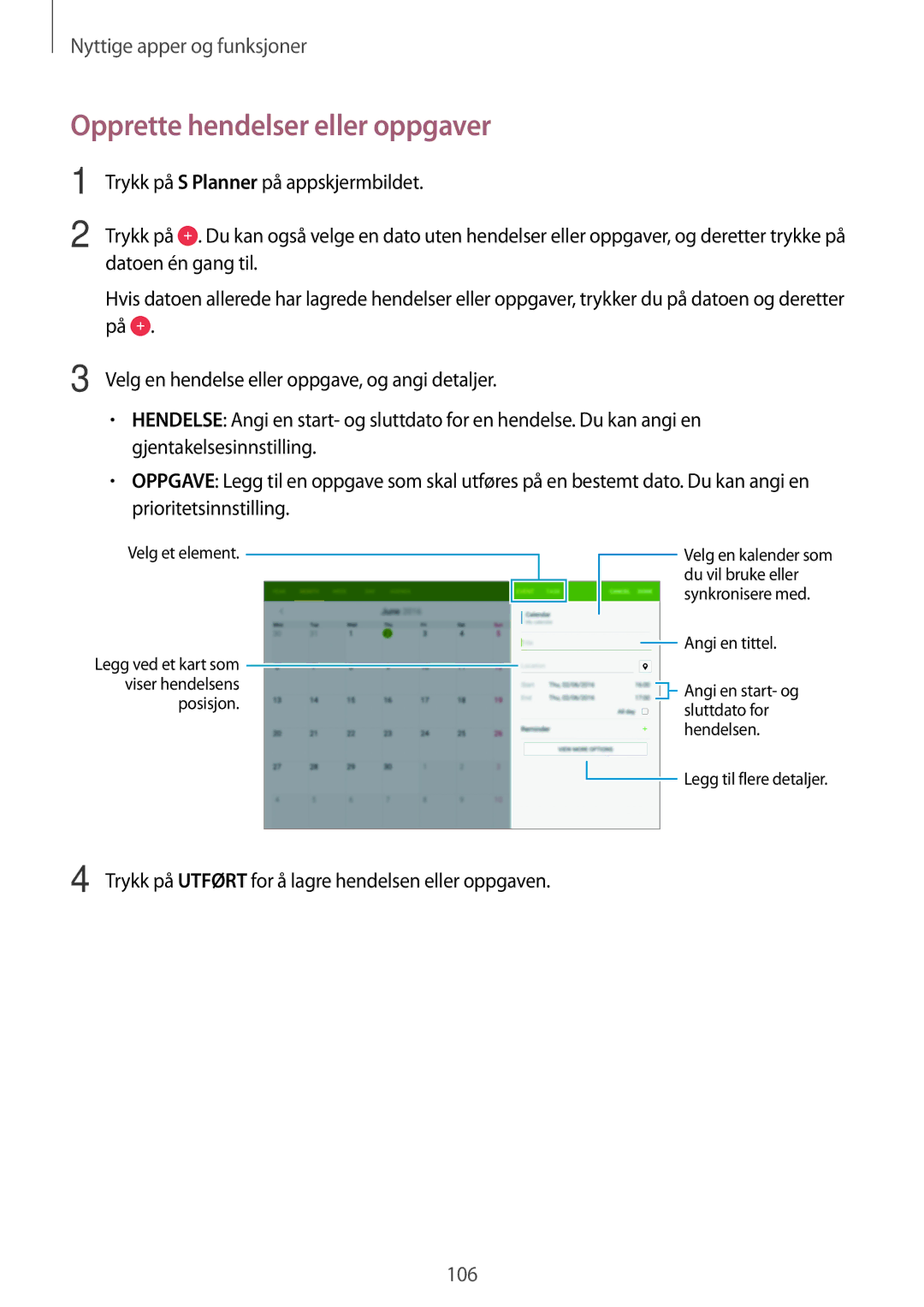 Samsung SM-T705NZWANEE manual Opprette hendelser eller oppgaver, Trykk på Utført for å lagre hendelsen eller oppgaven 