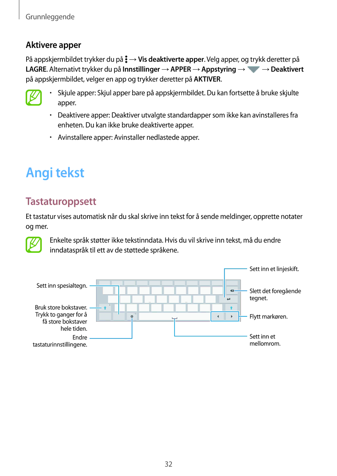 Samsung SM-T805NLSANEE, SM-T705NTSANEE, SM-T805NTSANEE, SM-T705NLSANEE manual Angi tekst, Tastaturoppsett, Aktivere apper 