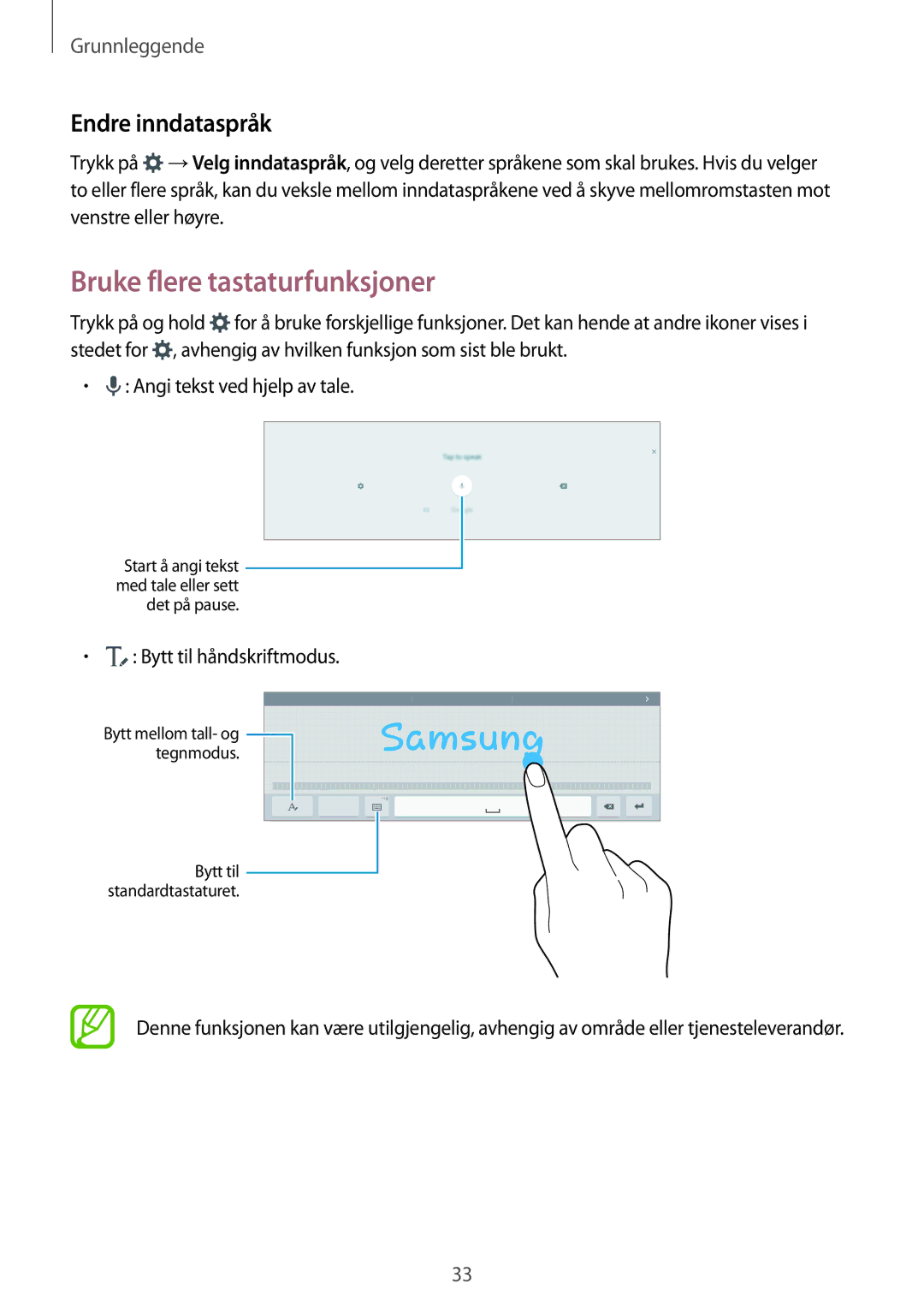 Samsung SM-T805NZWANEE, SM-T705NTSANEE manual Bruke flere tastaturfunksjoner, Endre inndataspråk, Bytt til håndskriftmodus 