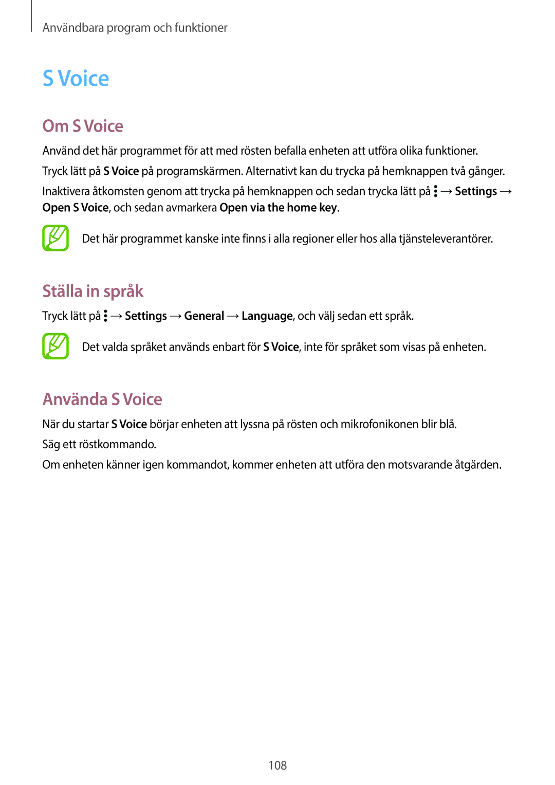 Samsung SM-T705NTSANEE, SM-T805NTSANEE, SM-T705NLSANEE, SM-T705NHAANEE manual Om S Voice, Ställa in språk, Använda S Voice 