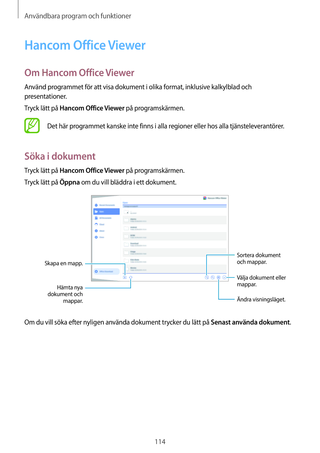 Samsung SM-T805NZWANEE, SM-T705NTSANEE, SM-T805NTSANEE, SM-T705NLSANEE manual Om Hancom Office Viewer, Söka i dokument 