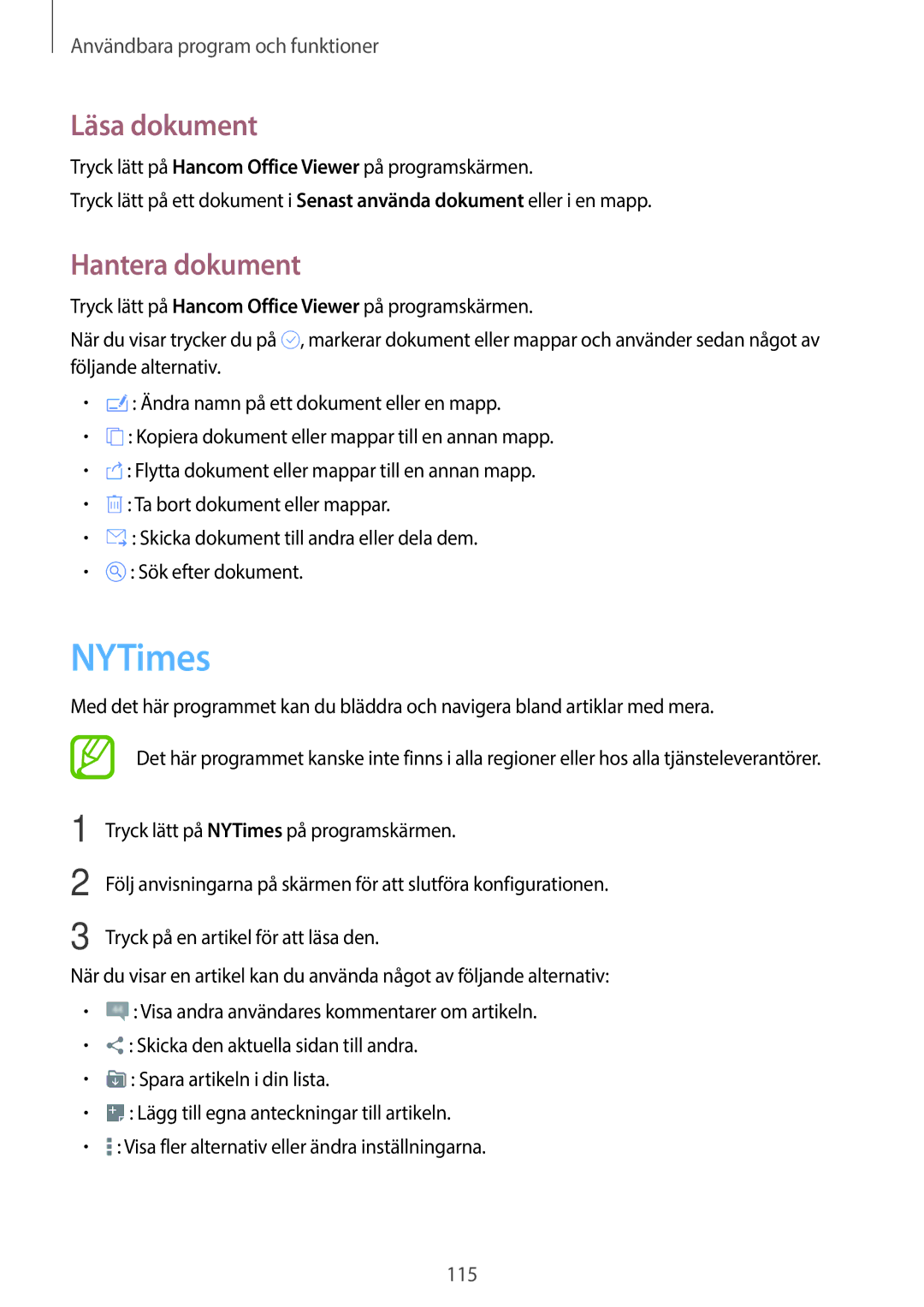 Samsung SM-T705NZWANEE, SM-T705NTSANEE, SM-T805NTSANEE, SM-T705NLSANEE manual NYTimes, Läsa dokument, Hantera dokument 