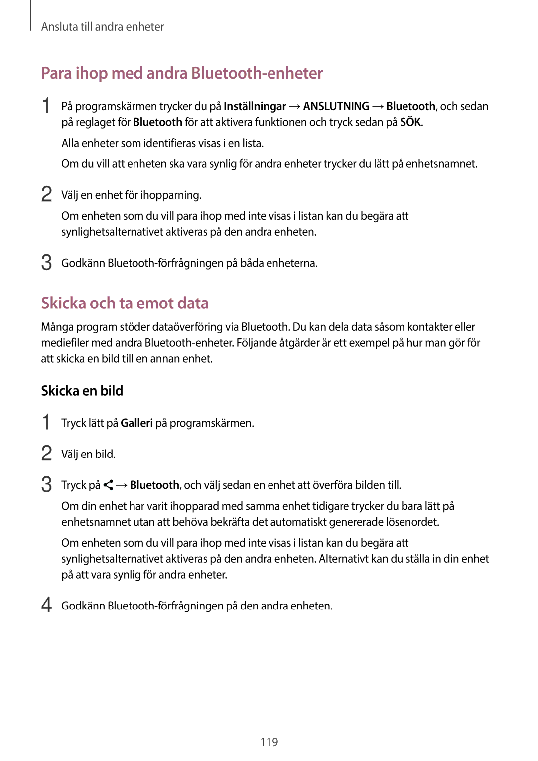 Samsung SM-T705NLSANEE, SM-T705NTSANEE manual Para ihop med andra Bluetooth-enheter, Skicka och ta emot data, Skicka en bild 