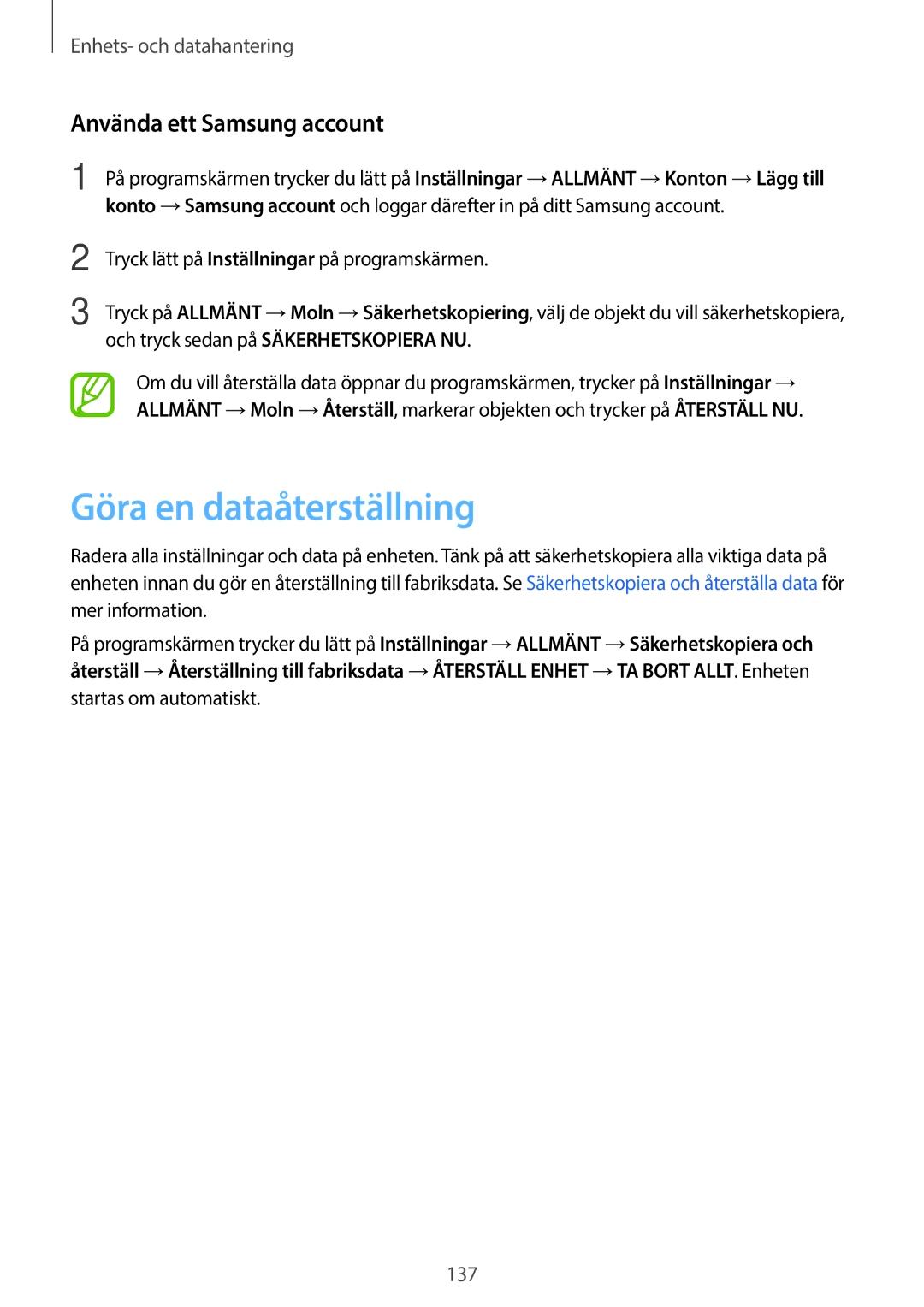 Samsung SM-T705NLSANEE, SM-T705NTSANEE, SM-T805NTSANEE manual Göra en dataåterställning, Använda ett Samsung account 