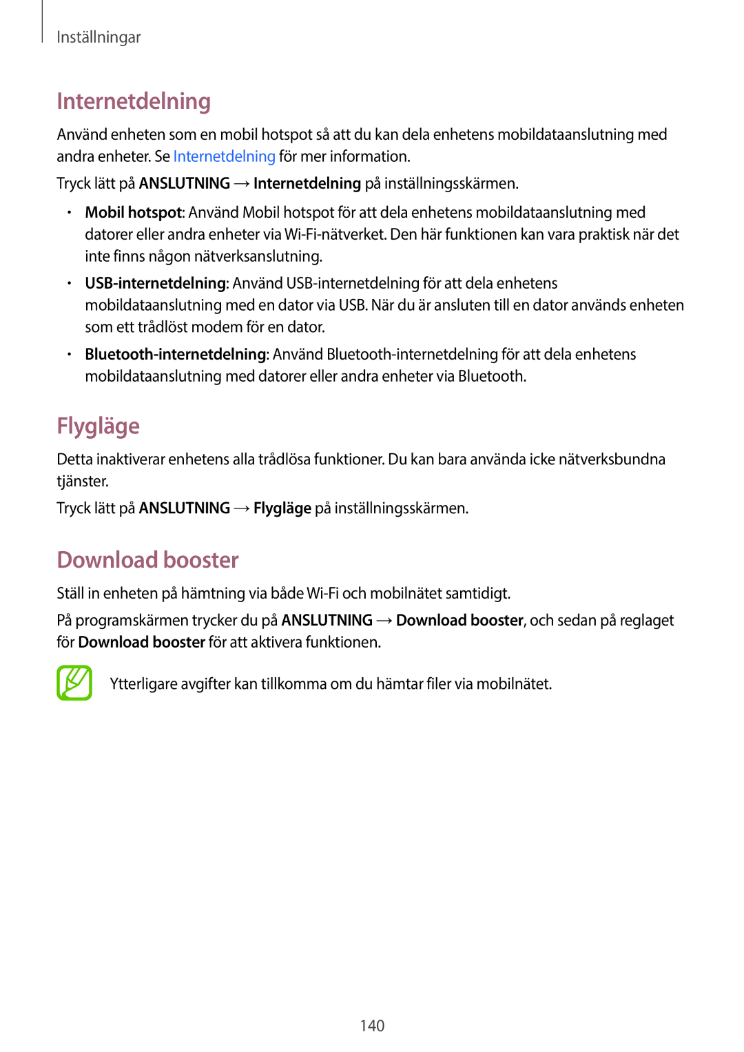 Samsung SM-T805NLSANEE, SM-T705NTSANEE, SM-T805NTSANEE, SM-T705NLSANEE manual Internetdelning, Flygläge, Download booster 