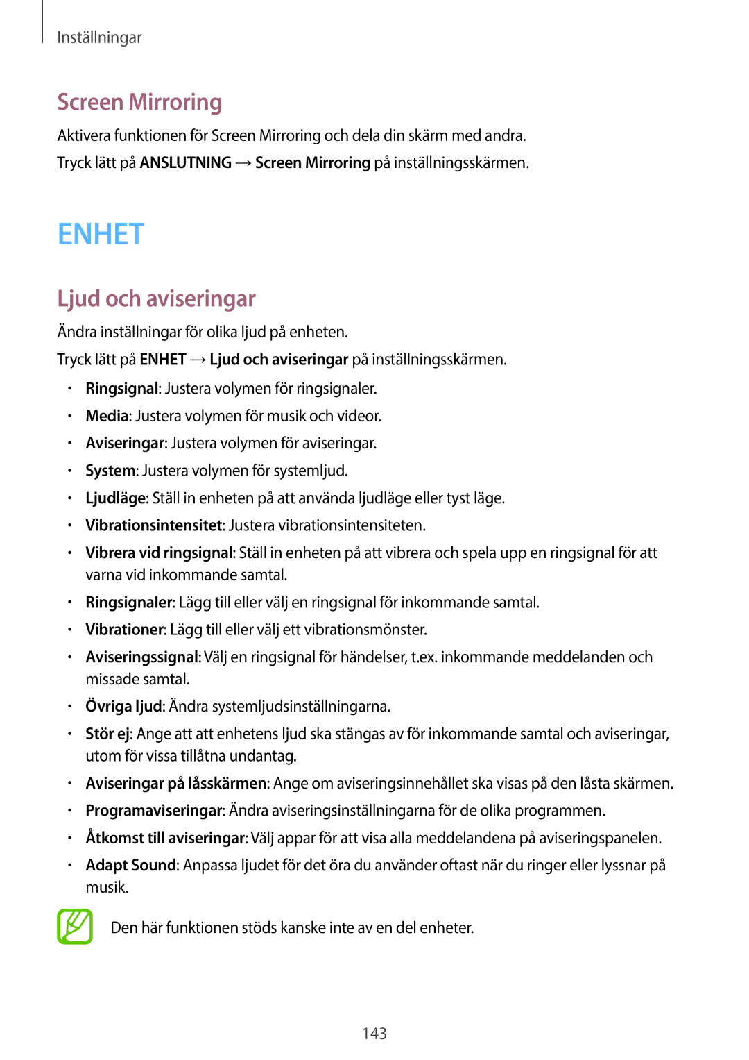 Samsung SM-T805NHAANEE, SM-T705NTSANEE, SM-T805NTSANEE, SM-T705NLSANEE, SM-T705NHAANEE Screen Mirroring, Ljud och aviseringar 